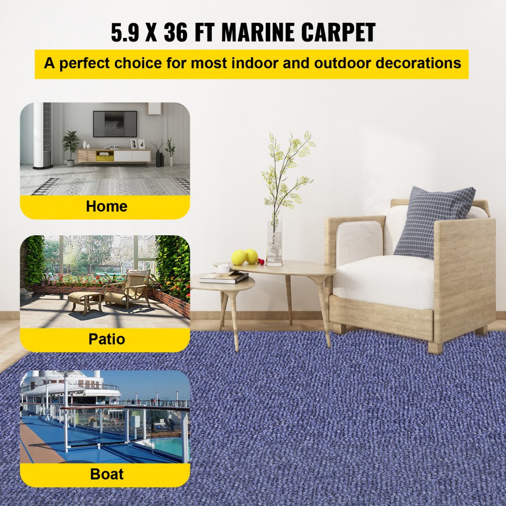 VEVOR Deep Blue Marine Carpet 6 ft x 36 ft Marine Carpeting Marine Grade Carpet for Boats with Waterproof Back Outdoor Rug for Patio Porch Deck Garage Outdoor Area Rug Runner Non-Slide Porch Rug 