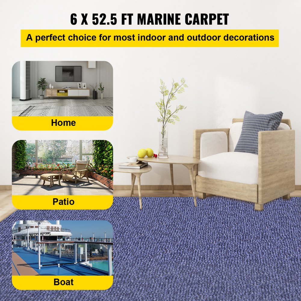 VEVOR Blue Marine Carpet, 6x52.5 ft Marine Carpeting Marine Grade Carpet for Boats with Waterproof Back, Outdoor Rug for Patio Porch Deck Garage Outdoor Area Rug Runner Non-Slide Porch Rug 