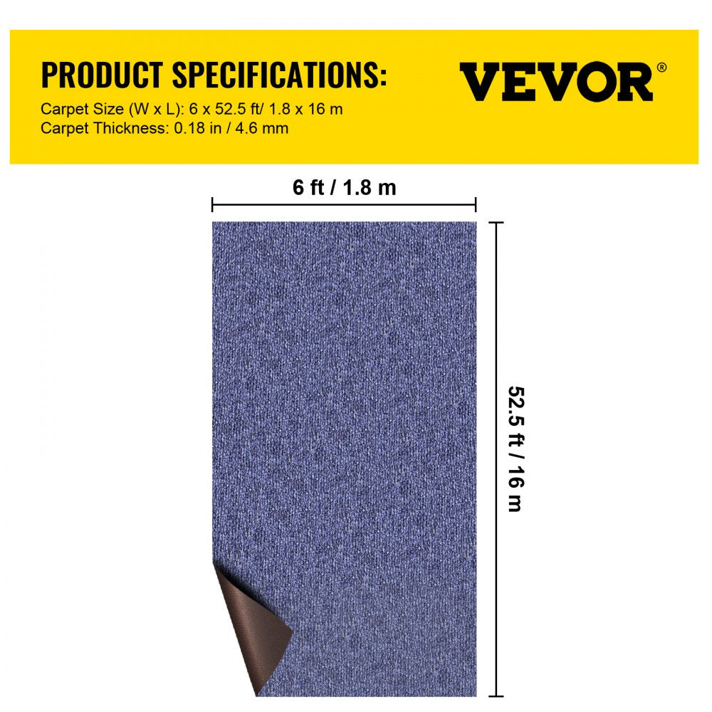 VEVOR Blue Marine Carpet, 6x52.5 ft Marine Carpeting Marine Grade Carpet for Boats with Waterproof Back, Outdoor Rug for Patio Porch Deck Garage Outdoor Area Rug Runner Non-Slide Porch Rug 