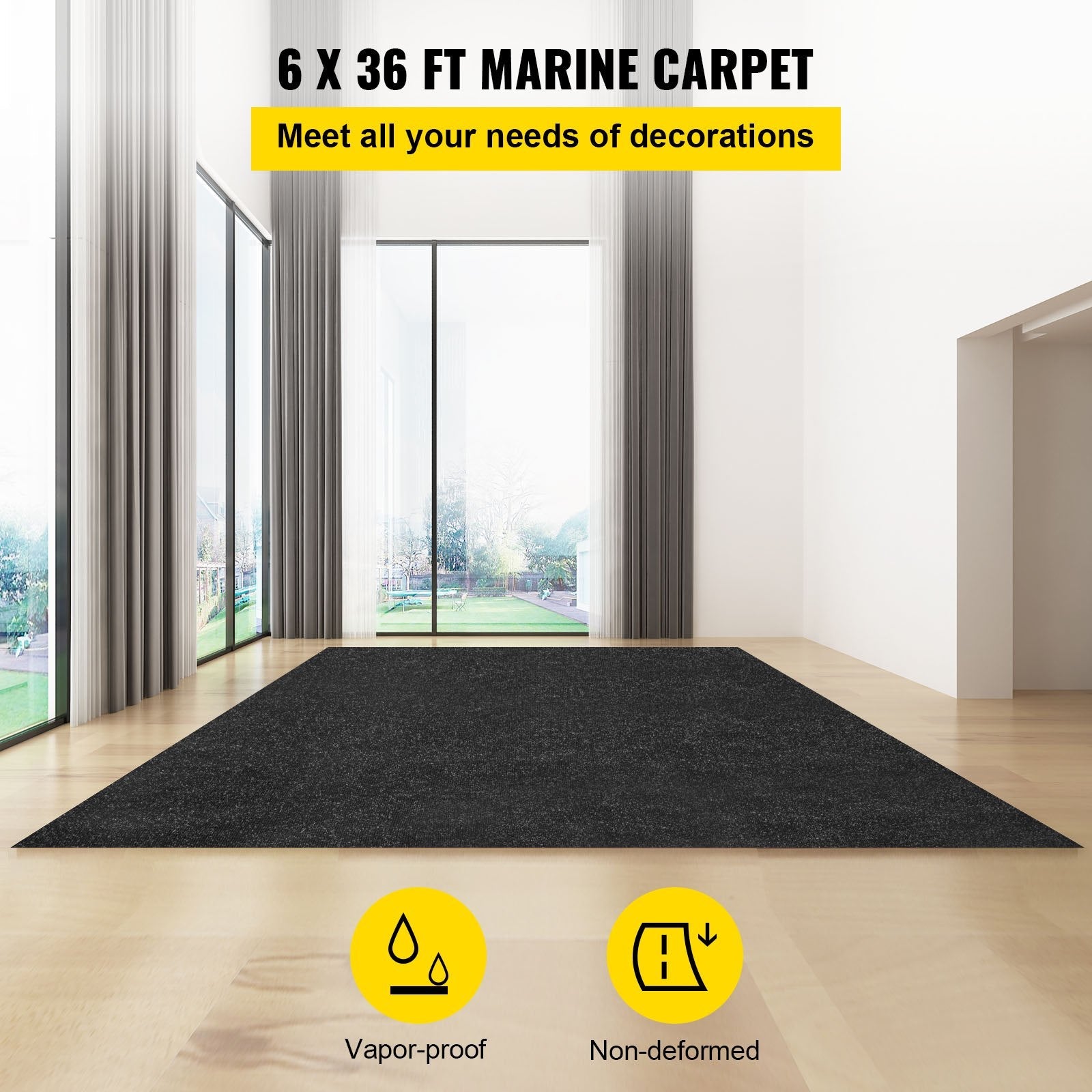 VEVOR Marine Carpet, 6 x 36 ft Charcoal Black Marine Grade Boat Carpet, Marine Carpeting with Soft Cut Pile and Water-Proof TPR Backing, Carpet Roll for Home, Patio, Porch, Deck 