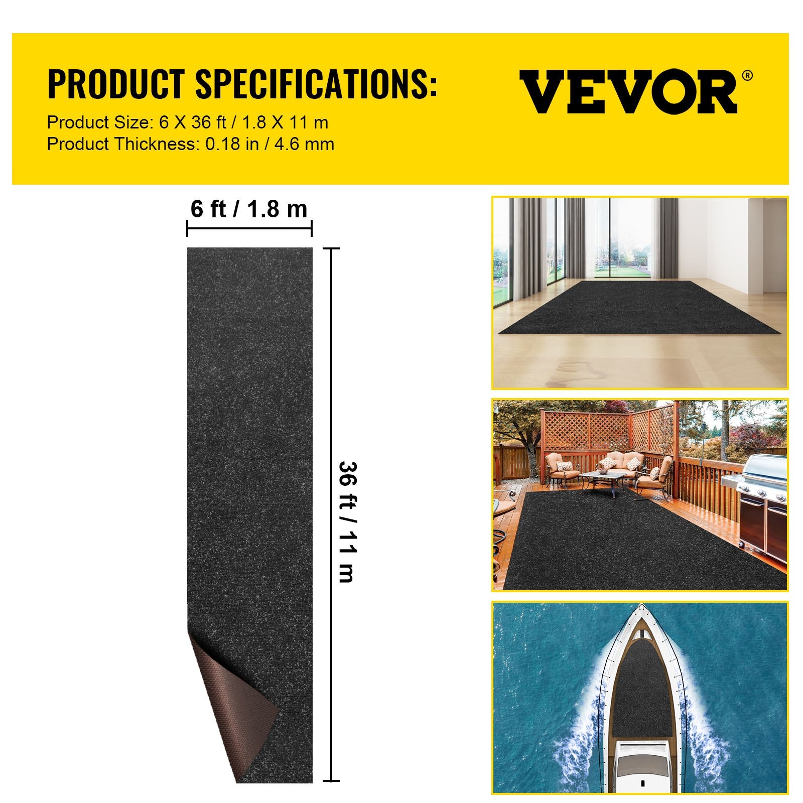 VEVOR Marine Carpet, 6 x 36 ft Charcoal Black Marine Grade Boat Carpet, Marine Carpeting with Soft Cut Pile and Water-Proof TPR Backing, Carpet Roll for Home, Patio, Porch, Deck 