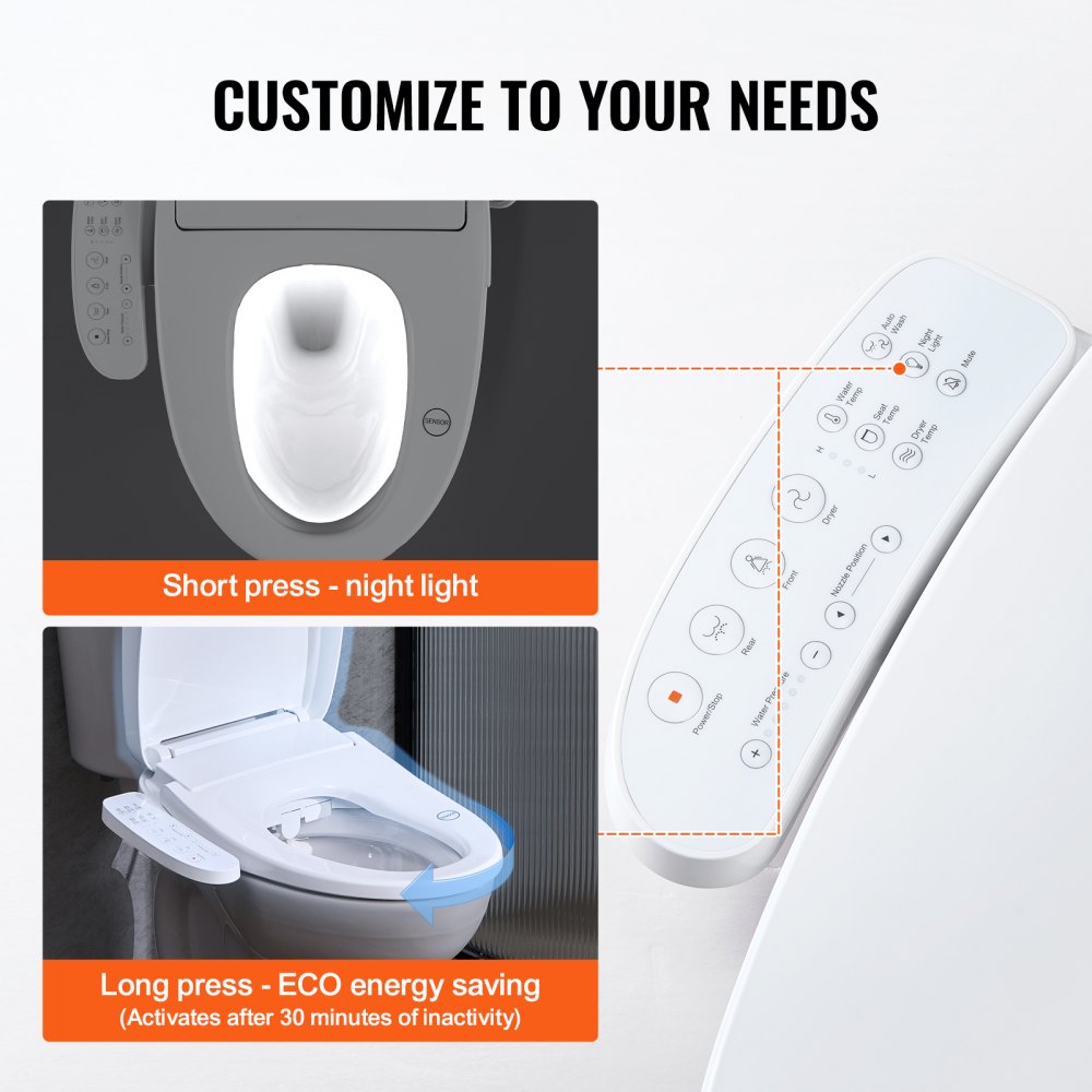 VEVOR Elongated Bidet Toilet Seat Electric Smart Heated Seat Side Arm Control 