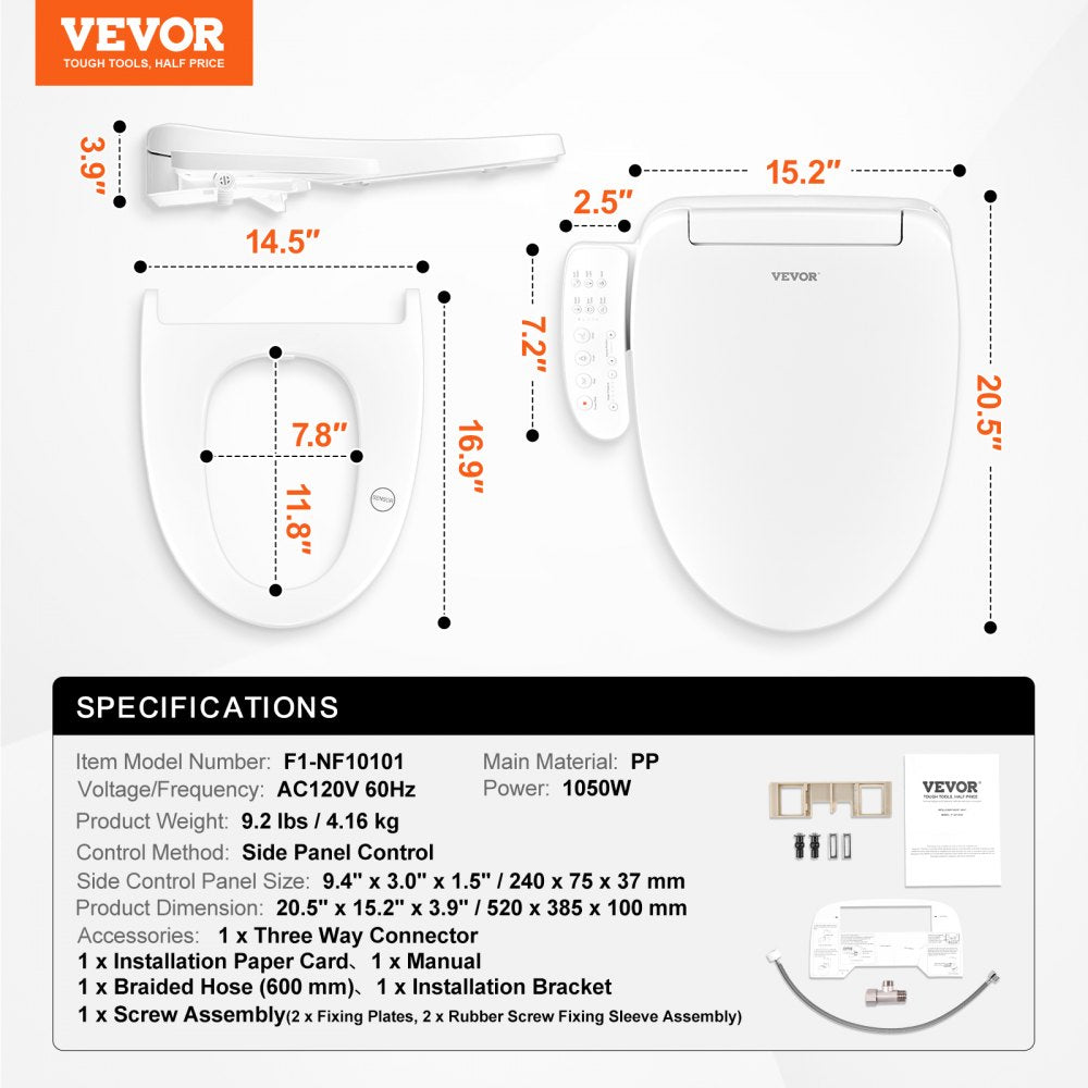 VEVOR Elongated Bidet Toilet Seat Electric Smart Heated Seat Side Arm Control 