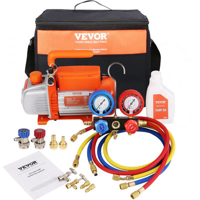 VEVOR 1/5 HP 3.5 CFM AC Vacuum Pump and Gauge Set, Single Stage Rotary Vane HVAC Air Vacuum Pump A/C Refrigerant Kit Manifold Gauge Set, with Three-Color Hose Carry Bag, Applicable to R134a, R1234yf 