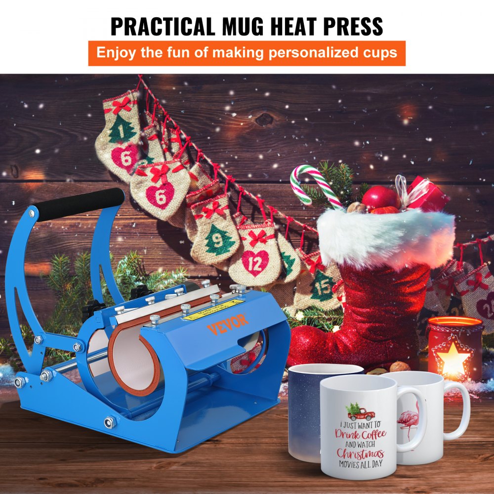 VEVOR Mug Heat Press, 11oz/11.5cm and 20oz/22cm Two Platens, LCD Cup Press Machine with Detachable Transfer Sublimation Mats, DIY Presser for Coffee Skinny Tumblers, Silica-Gel Printing, Blue 