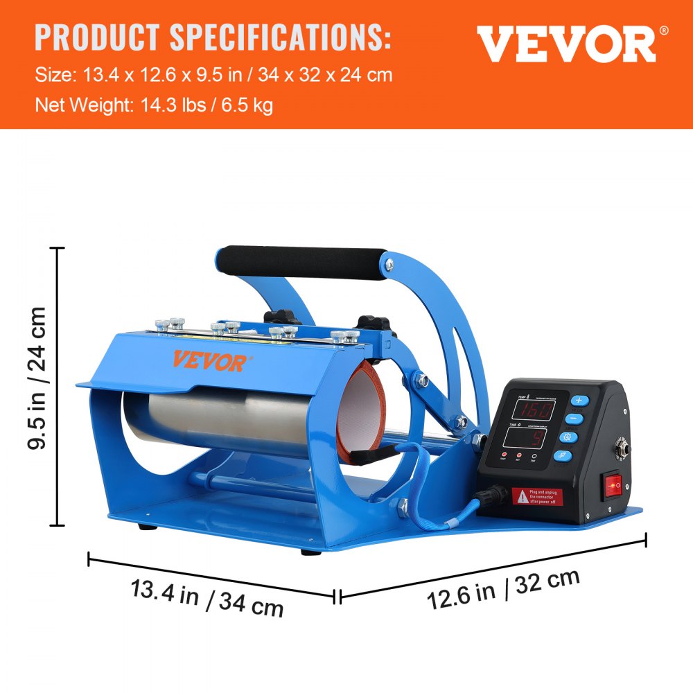 VEVOR Mug Heat Press, 11oz/11.5cm and 20oz/22cm Two Platens, LCD Cup Press Machine with Detachable Transfer Sublimation Mats, DIY Presser for Coffee Skinny Tumblers, Silica-Gel Printing, Blue 