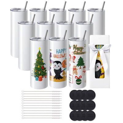 VEVOR 12 Pack Straight Sublimation Tumblers, 20 oz Blank Tumbler Bulk, Stainless Steel Double Wall Tumbler Cups with Straw, Lid, Brush, Base, Shrink Wrap, Gift Box, for Heat Press and Heat Transfer 