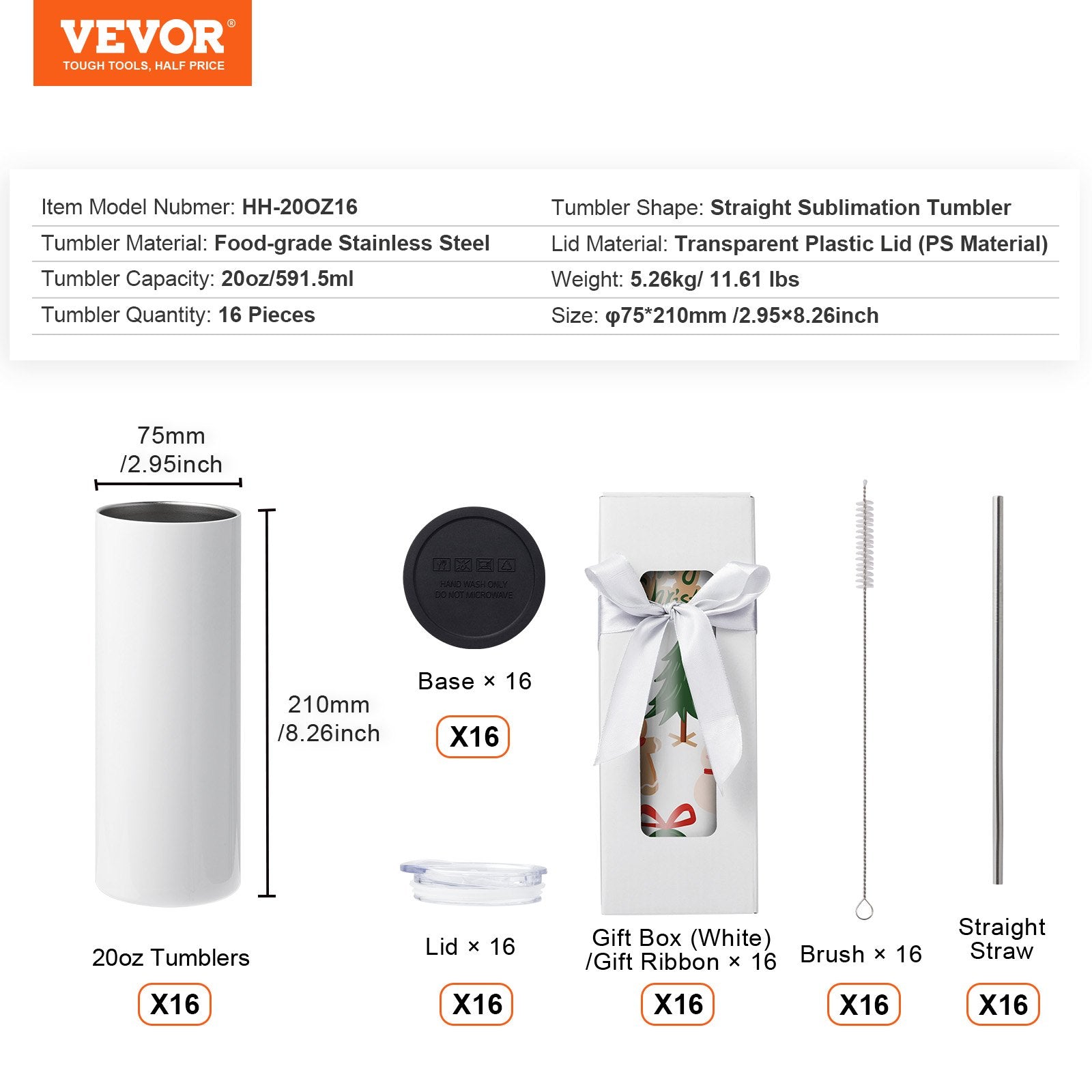 VEVOR 16 Pack Straight Sublimation Tumblers, 20 oz Blank Tumbler Bulk, Stainless Steel Double Wall Tumbler Cups with Straw, Lid, Brush, Base, Shrink Wrap, Gift Box, for Heat Press and Heat Transfer 