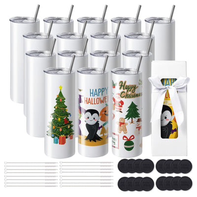 VEVOR 16 Pack Straight Sublimation Tumblers, 20 oz Blank Tumbler Bulk, Stainless Steel Double Wall Tumbler Cups with Straw, Lid, Brush, Base, Shrink Wrap, Gift Box, for Heat Press and Heat Transfer 