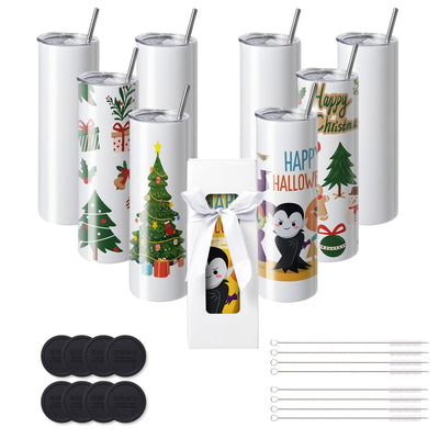 VEVOR 8 Pack Straight Sublimation Tumblers, 30 oz Blank Tumbler Bulk, Stainless Steel Double Wall Tumbler Cups with Straw, Lid, Brush, Base, Shrink Wrap, Gift Box, for Heat Press and Heat Transfer 