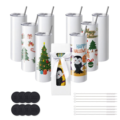 VEVOR 8 Pack Straight Sublimation Tumblers, 20 oz Blank Tumbler Bulk, Stainless Steel Double Wall Tumbler Cups with Straw, Lid, Brush, Base, Shrink Wrap, Gift Box, for Heat Press and Heat Transfer 