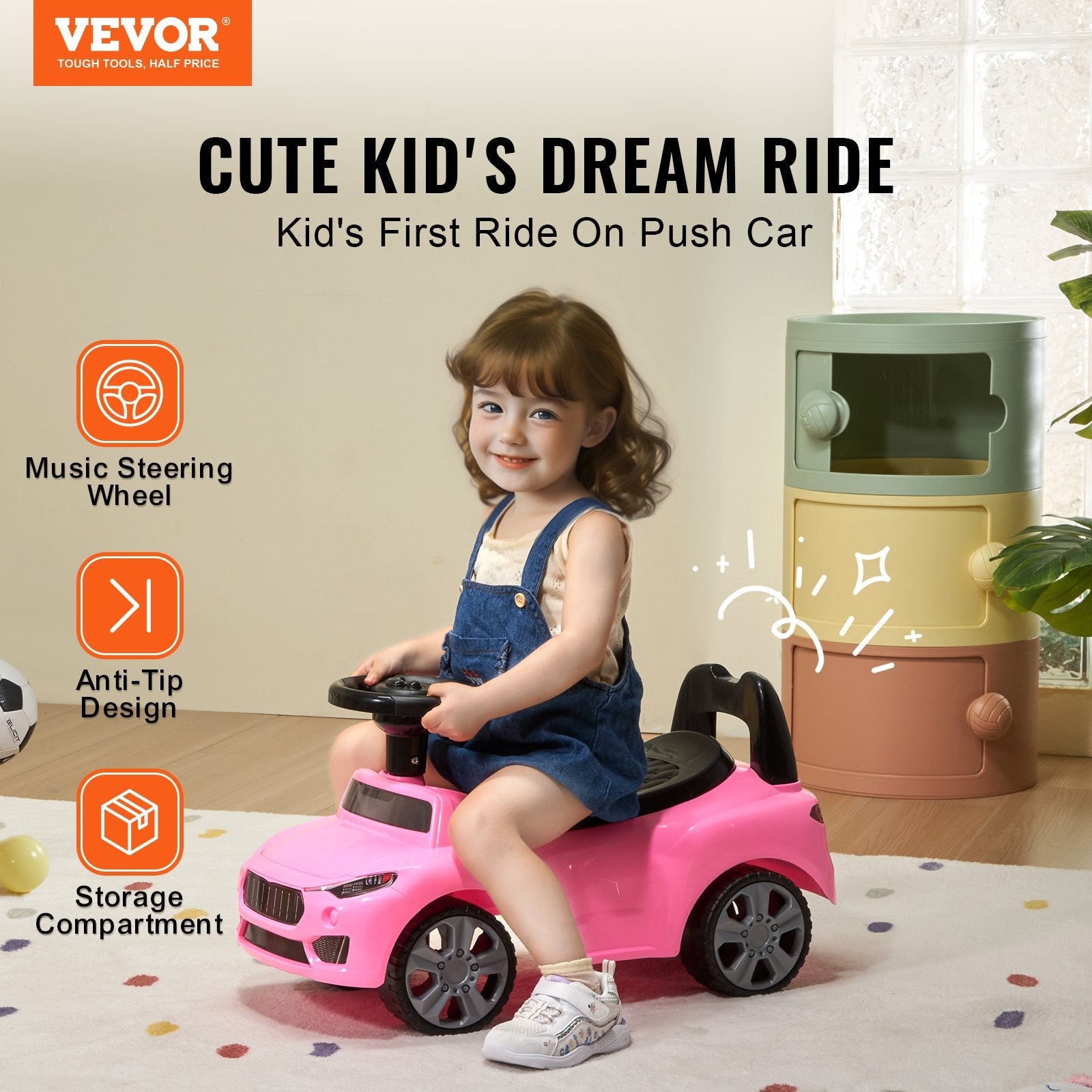 VEVOR Ride On Push Car for Toddlers, Ages 1-3, Ride Racer, Sit to Stand Toddler Ride On Toy, Classic Kids Ride On Car with Music Steering Wheel & Under Seat Storage, Ride On Toy for Boys Girls, Pink 