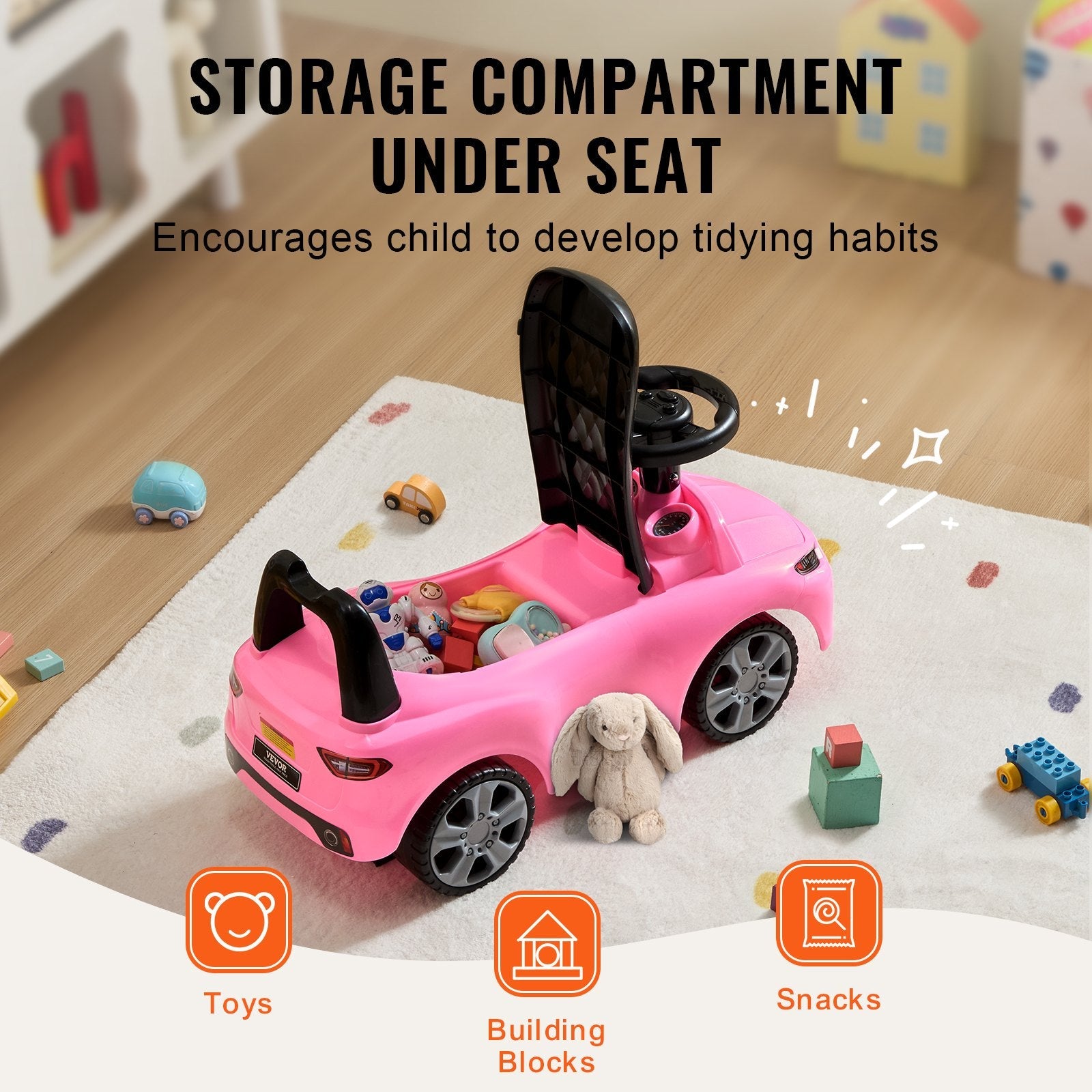 VEVOR Ride On Push Car for Toddlers, Ages 1-3, Ride Racer, Sit to Stand Toddler Ride On Toy, Classic Kids Ride On Car with Music Steering Wheel & Under Seat Storage, Ride On Toy for Boys Girls, Pink 