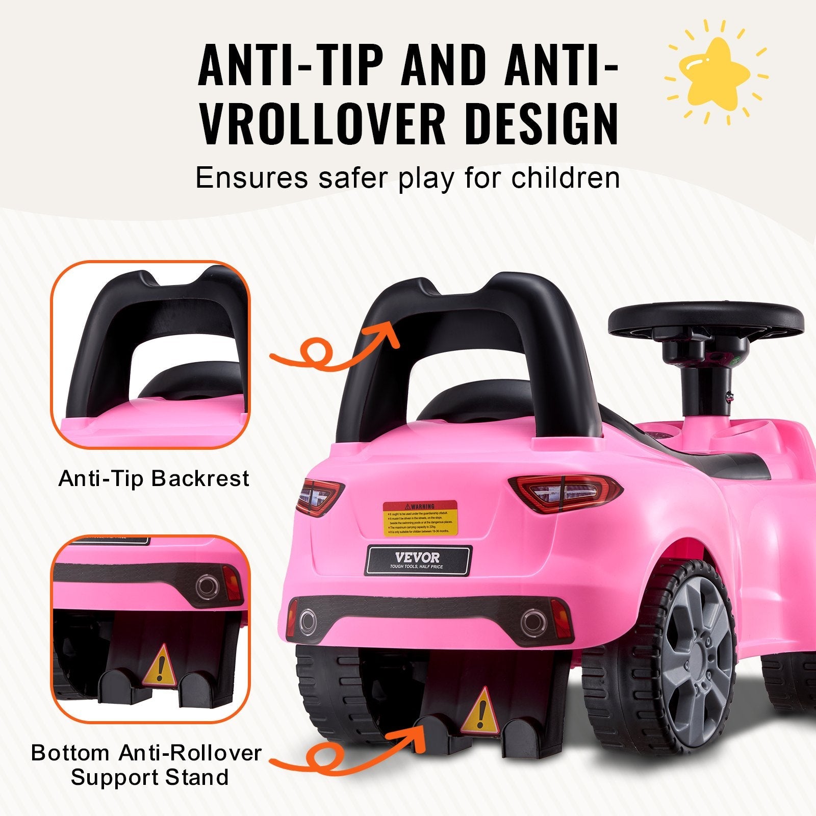 VEVOR Ride On Push Car for Toddlers, Ages 1-3, Ride Racer, Sit to Stand Toddler Ride On Toy, Classic Kids Ride On Car with Music Steering Wheel & Under Seat Storage, Ride On Toy for Boys Girls, Pink 
