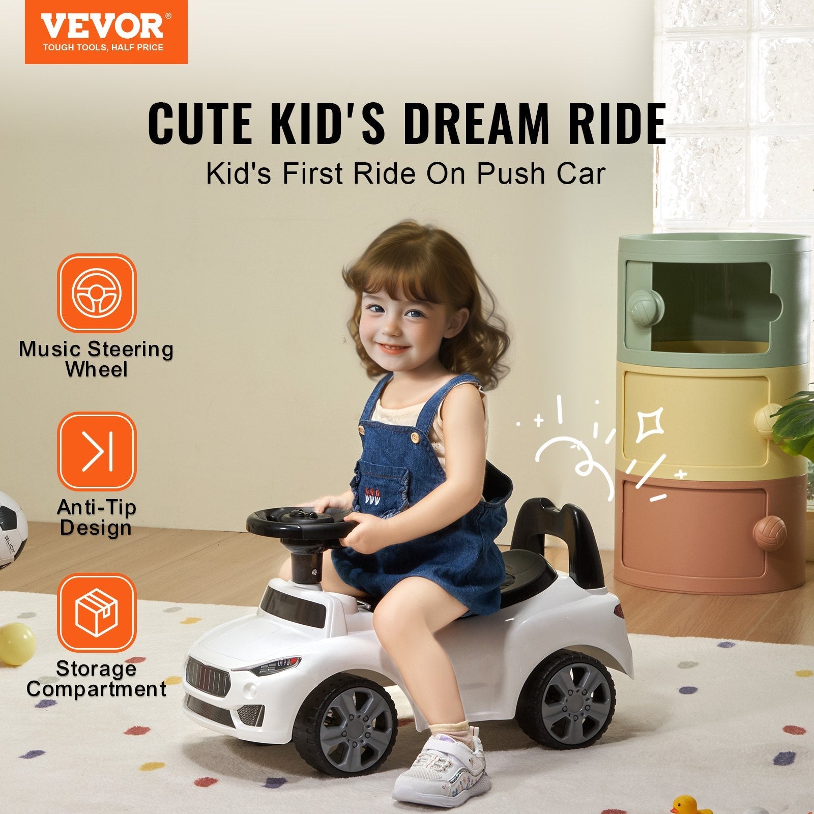 VEVOR Ride On Push Car for Toddlers, Ages 1-3, Ride Racer, Sit to Stand Toddler Ride On Toy, Classic Kids Ride On Car with Music Steering Wheel & Under Seat Storage, Ride On Toy for Boys Girls, White 