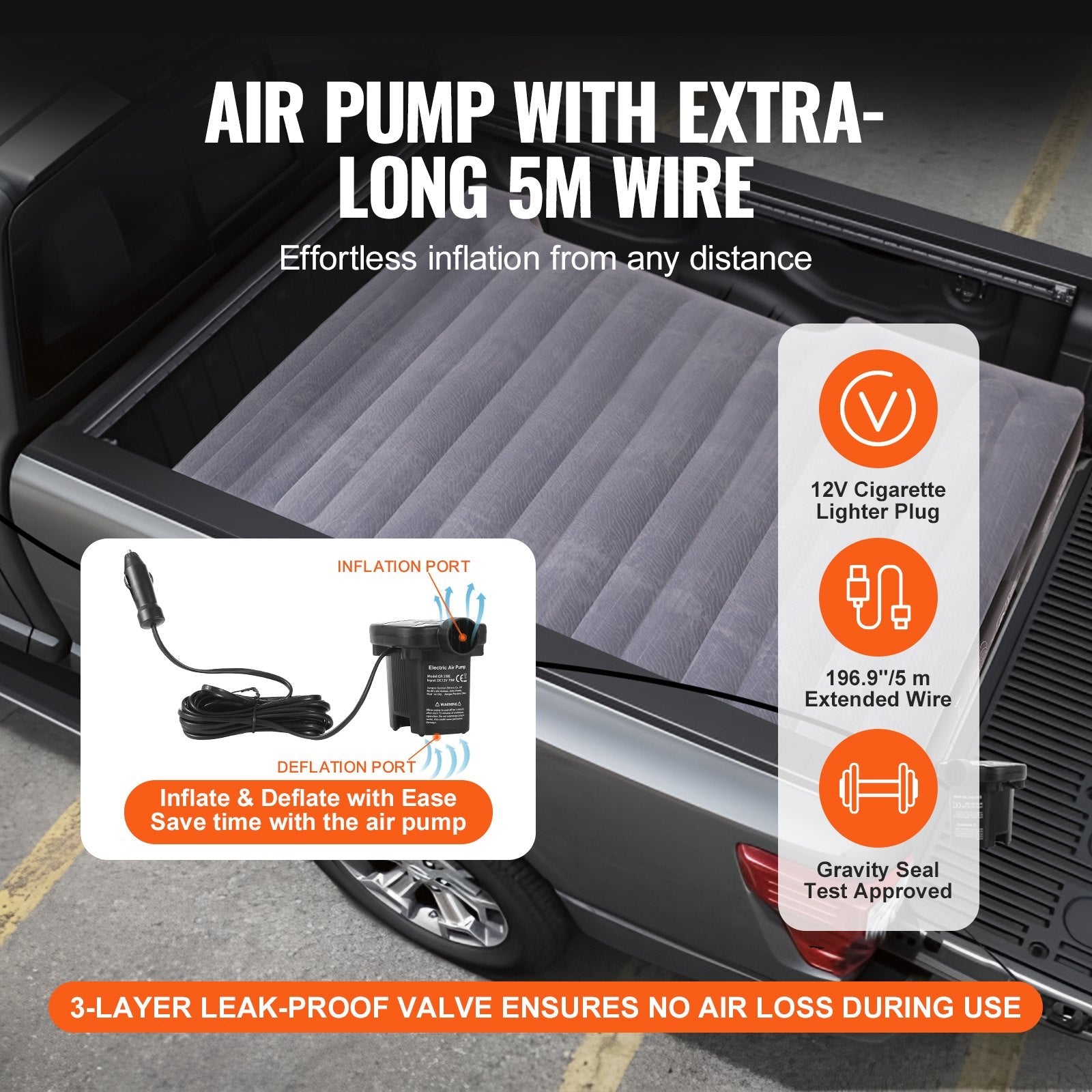 VEVOR Truck Bed Air Mattress, for 5.5-5.8 ft Full Size Short Truck Beds, Inflatable Air Mattress Camping Bed with 12V Air Pump 2 Pillows, Carry Bag, for Silverado, RAM, F Series, Sierra, Titan, Tundra 