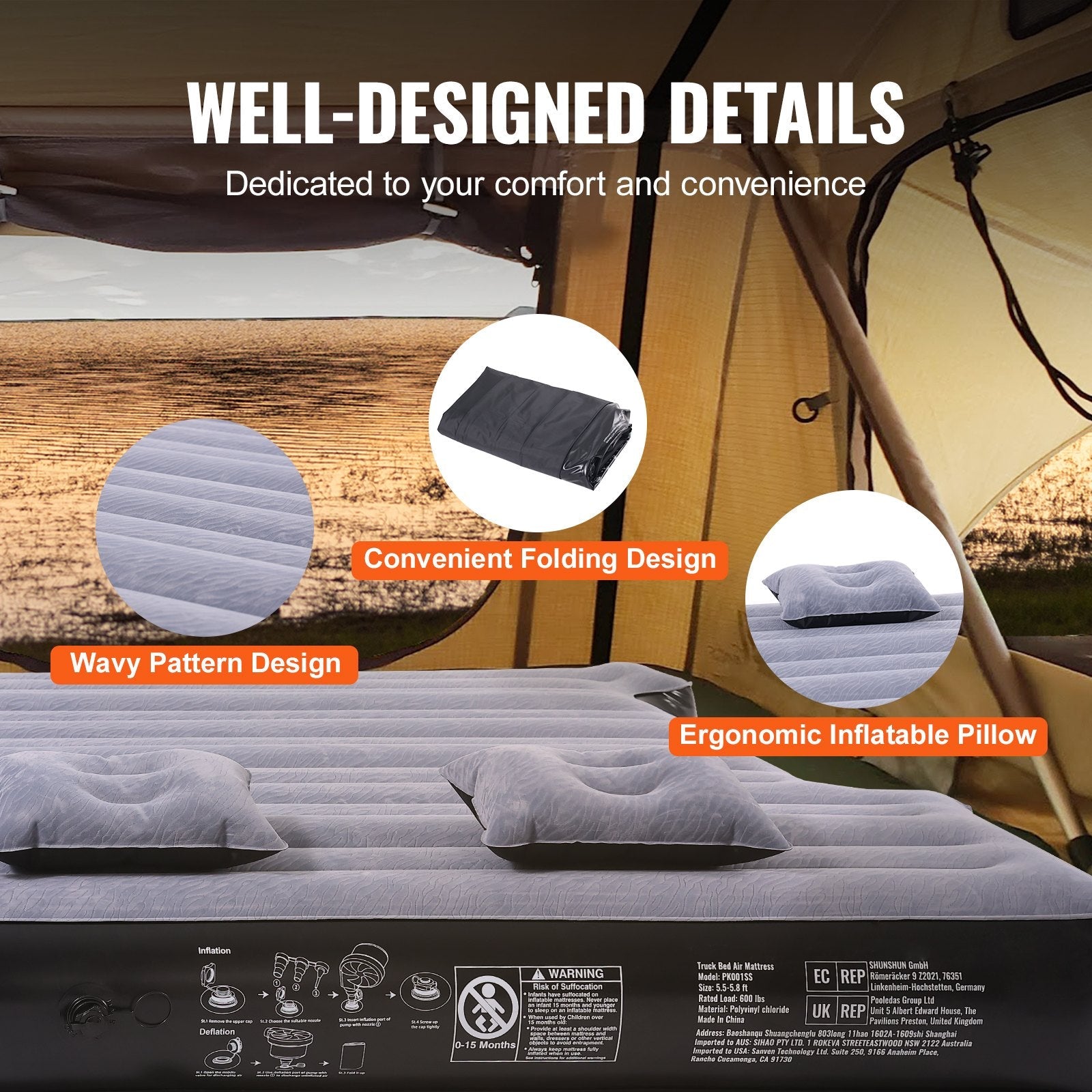 VEVOR Truck Bed Air Mattress, for 5.5-5.8 ft Full Size Short Truck Beds, Inflatable Air Mattress Camping Bed with 12V Air Pump 2 Pillows, Carry Bag, for Silverado, RAM, F Series, Sierra, Titan, Tundra 