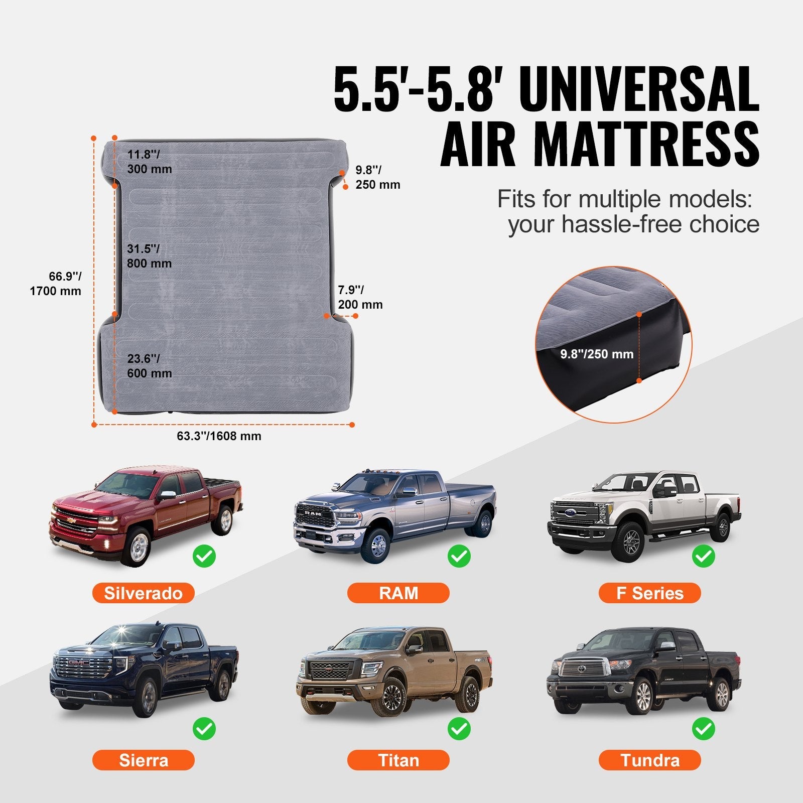VEVOR Truck Bed Air Mattress, for 5.5-5.8 ft Full Size Short Truck Beds, Inflatable Air Mattress Camping Bed with 12V Air Pump 2 Pillows, Carry Bag, for Silverado, RAM, F Series, Sierra, Titan, Tundra 