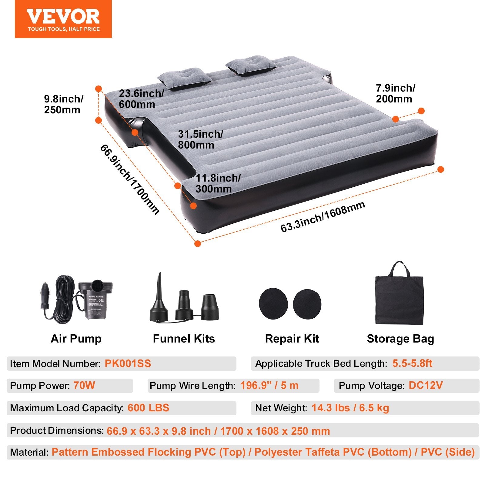 VEVOR Truck Bed Air Mattress, for 5.5-5.8 ft Full Size Short Truck Beds, Inflatable Air Mattress Camping Bed with 12V Air Pump 2 Pillows, Carry Bag, for Silverado, RAM, F Series, Sierra, Titan, Tundra 