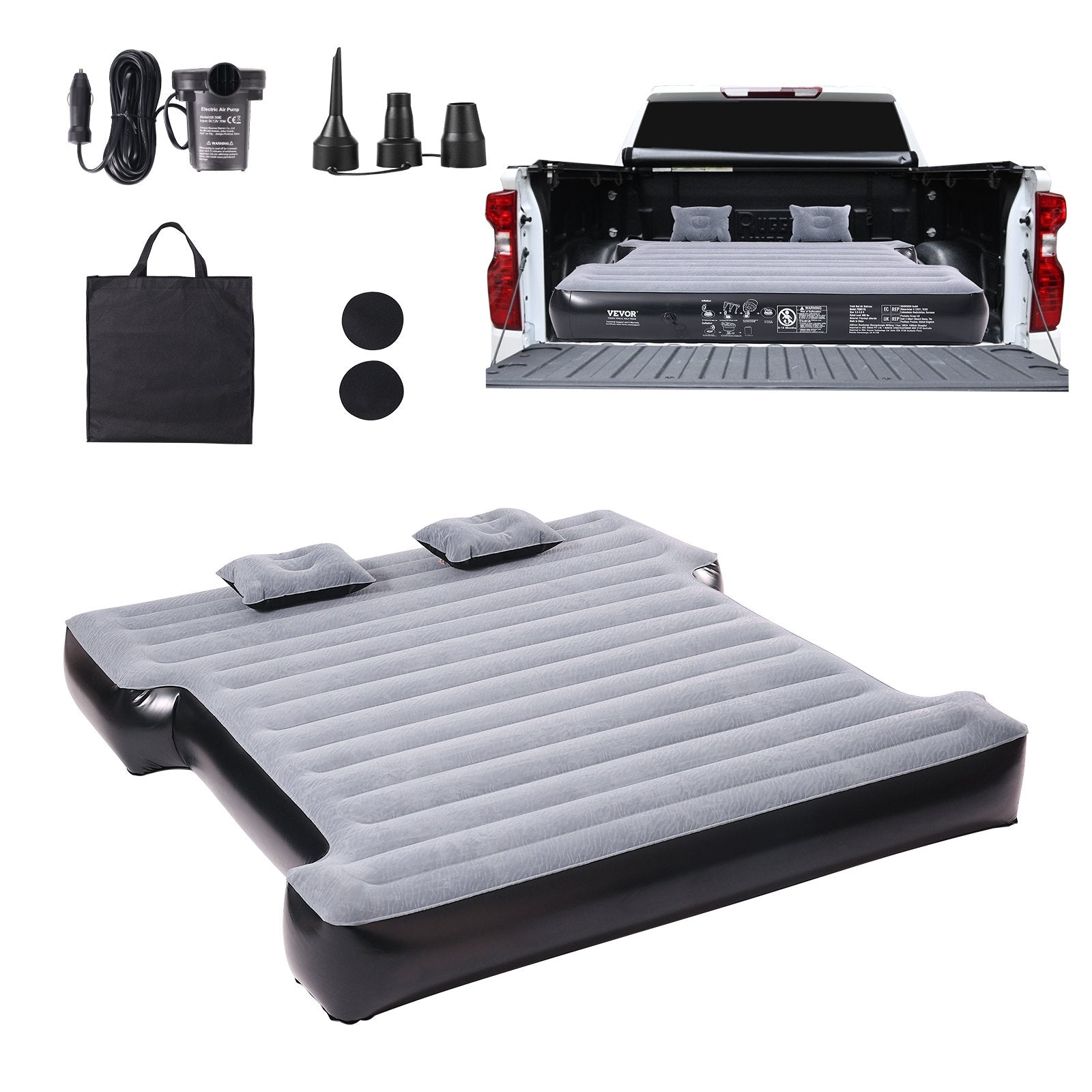 VEVOR Truck Bed Air Mattress, for 5.5-5.8 ft Full Size Short Truck Beds, Inflatable Air Mattress Camping Bed with 12V Air Pump 2 Pillows, Carry Bag, for Silverado, RAM, F Series, Sierra, Titan, Tundra 
