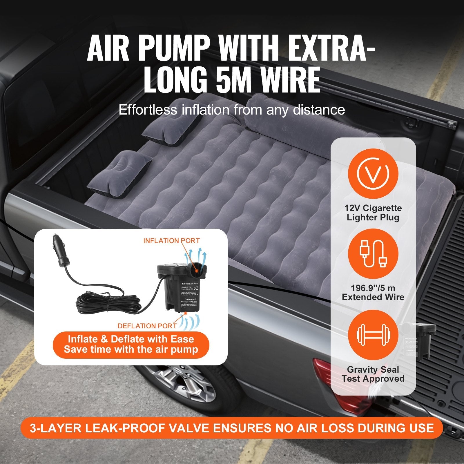 VEVOR Truck Bed Air Mattress, for 6-6.5 ft Full Size Truck Beds, Inflatable Air Mattress Camping Bed with 12V Air Pump 2 Pillows, Carry Bag, for Chevrolet Silverado, Dodge Ram, Ford 150/250/350 