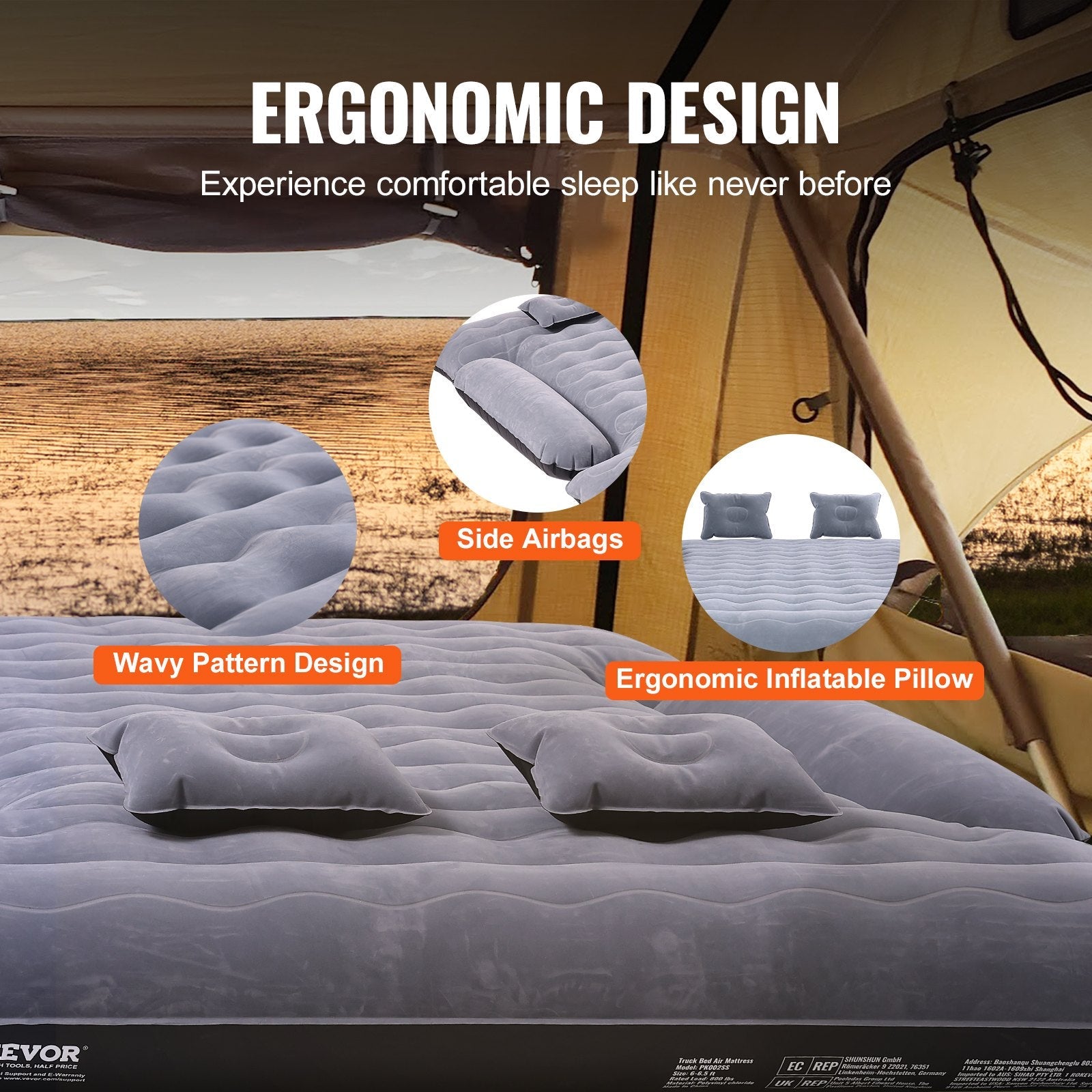 VEVOR Truck Bed Air Mattress, for 6-6.5 ft Full Size Truck Beds, Inflatable Air Mattress Camping Bed with 12V Air Pump 2 Pillows, Carry Bag, for Chevrolet Silverado, Dodge Ram, Ford 150/250/350 