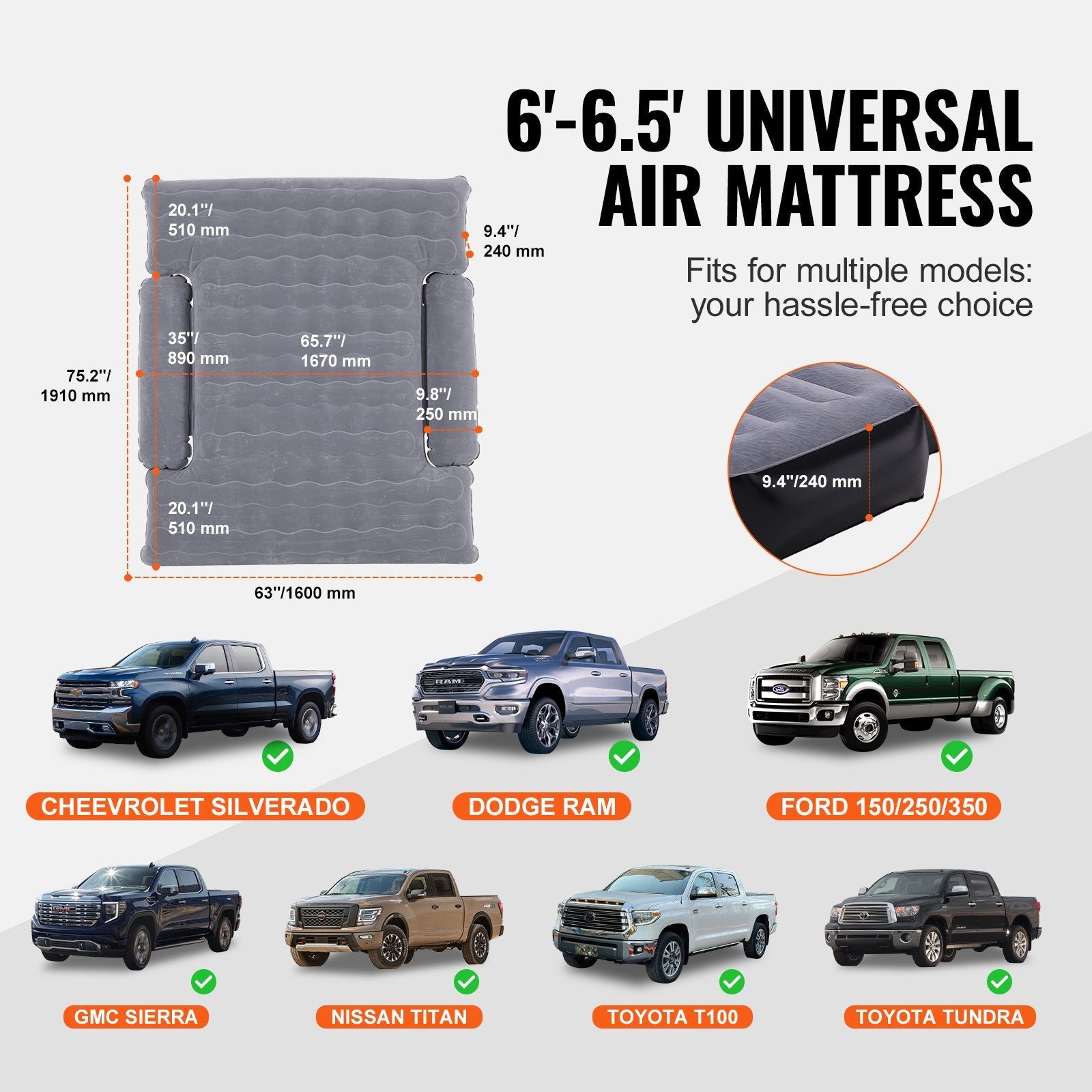 VEVOR Truck Bed Air Mattress, for 6-6.5 ft Full Size Truck Beds, Inflatable Air Mattress Camping Bed with 12V Air Pump 2 Pillows, Carry Bag, for Chevrolet Silverado, Dodge Ram, Ford 150/250/350 