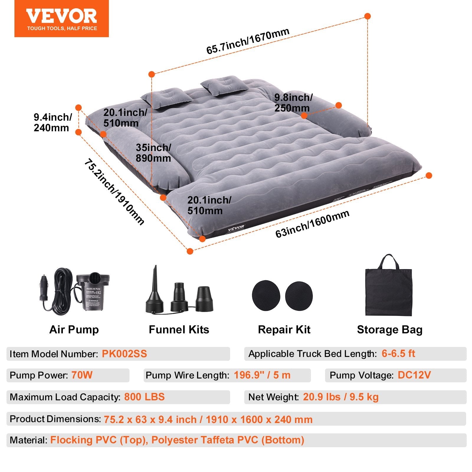 VEVOR Truck Bed Air Mattress, for 6-6.5 ft Full Size Truck Beds, Inflatable Air Mattress Camping Bed with 12V Air Pump 2 Pillows, Carry Bag, for Chevrolet Silverado, Dodge Ram, Ford 150/250/350 