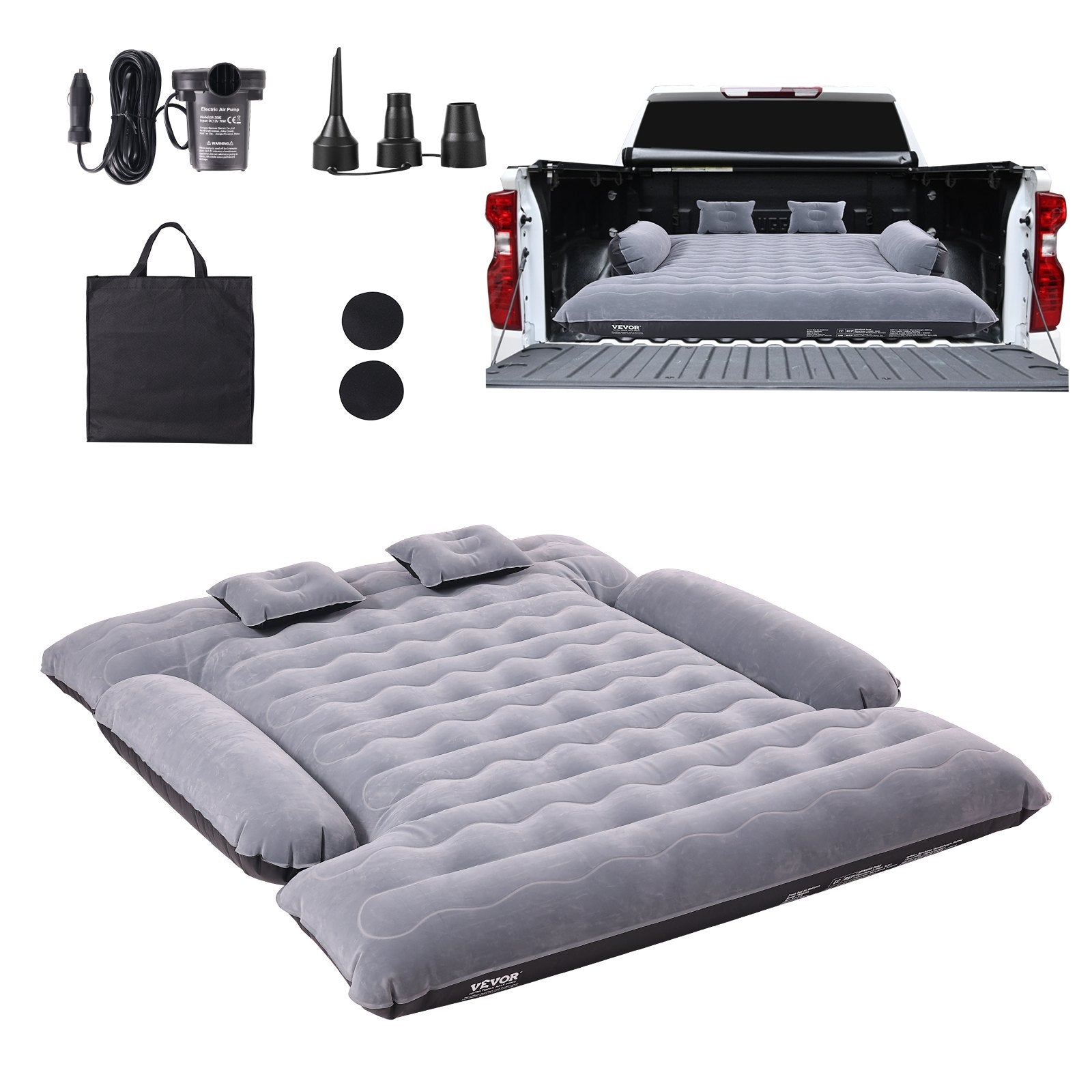 VEVOR Truck Bed Air Mattress, for 6-6.5 ft Full Size Truck Beds, Inflatable Air Mattress Camping Bed with 12V Air Pump 2 Pillows, Carry Bag, for Chevrolet Silverado, Dodge Ram, Ford 150/250/350 