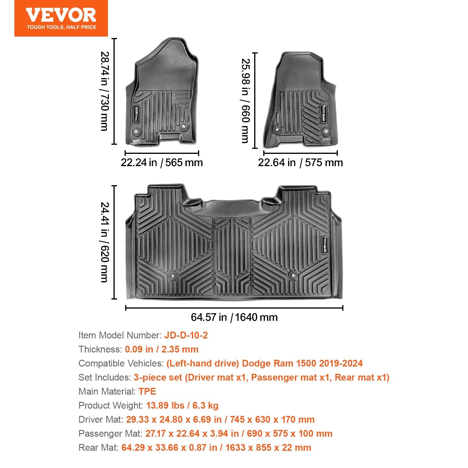 VEVOR Automotive Floor Mats Fits for Dodge Ram 1500 2019-2024 3 pcs Floor Liners 