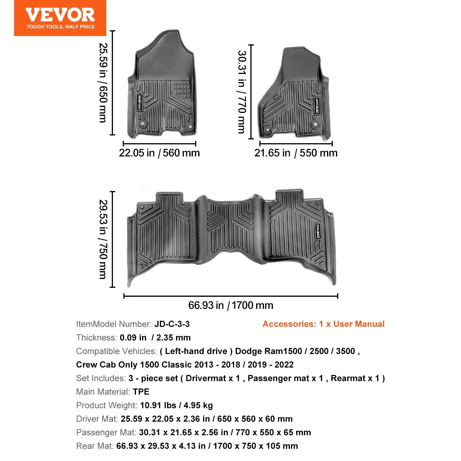 VEVOR Automotive Floor Mats Fits Dodge Ram 1500/2500/3500 1500 Classic 2013-2022