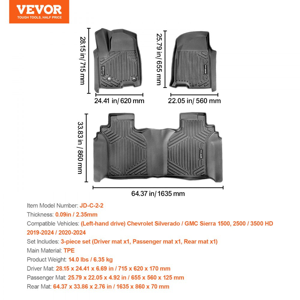 VEVOR Automotive Floor Mats Fits for Chevrolet Silverado/GMC Sierra 1500 3 pcs 