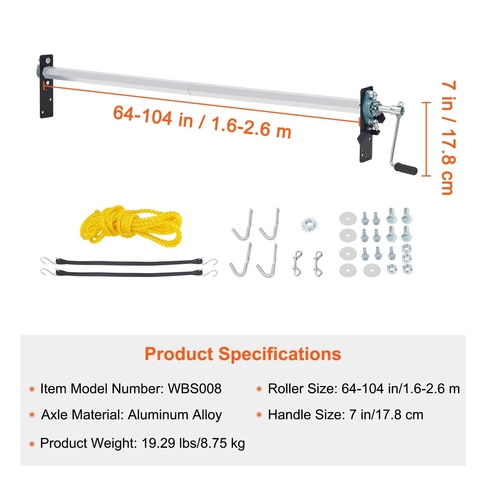VEVOR Hand Crank Tarp Roller Kit, 64" to 104" Wide, Aluminum Alloy, Manual Cab Level Dump Truck Tarp Roller with 7" Sponge-Wrapped Handle, Perfect for Dump Trucks, Trailers, Trash Haulers (No Tarp)