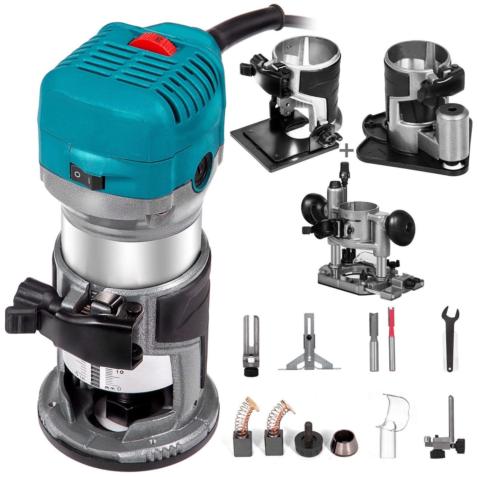 VEVOR 6.5Amp 1-1/4 HP Wood Router Tool Kit Max Torque 30,000RPM Variable Speed Compact Router Kit With Fixed Base, Plunge Base, Tilt Base and Offset Base (kit w/4 bases) 