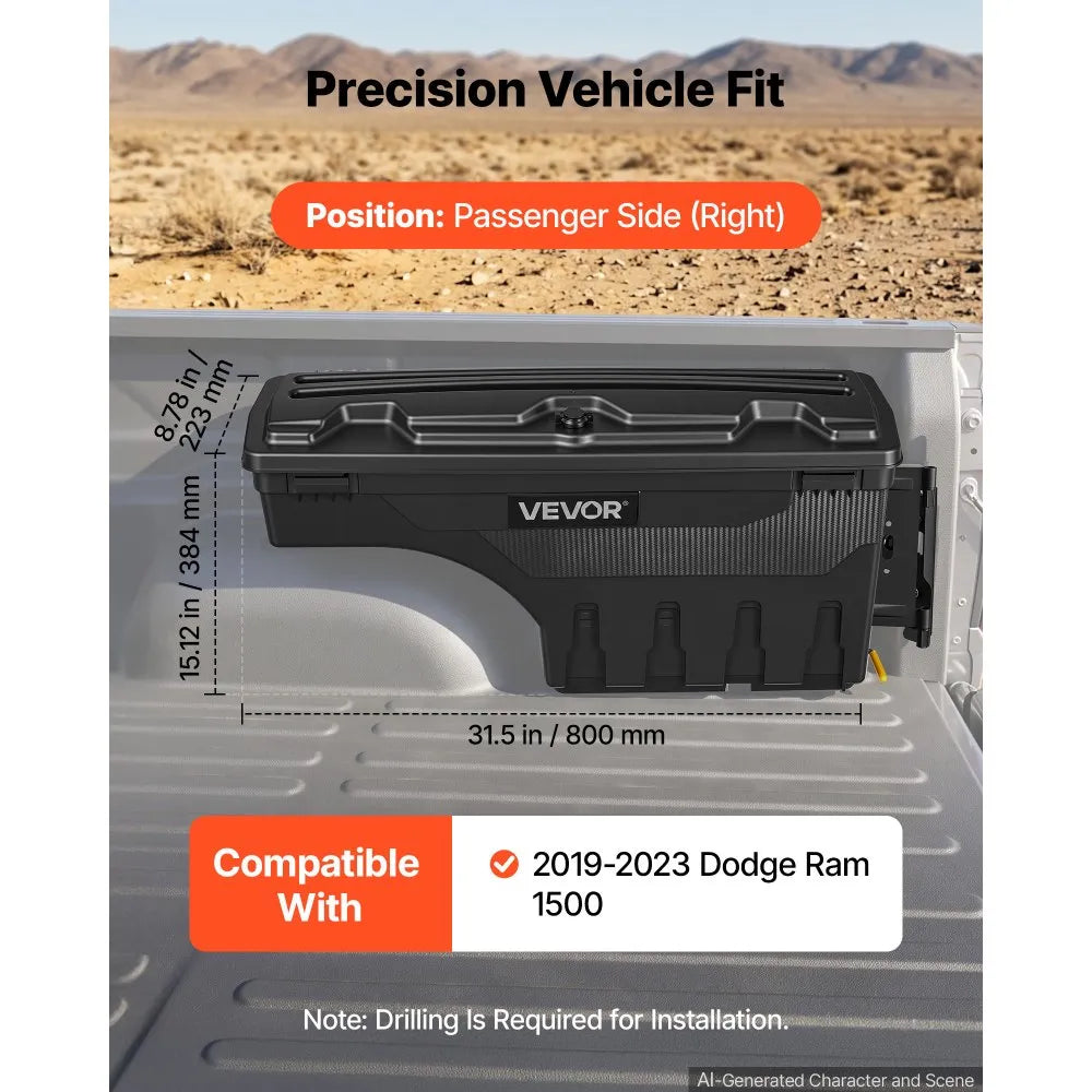 Truck Bed Storage Box 6.6 Gal/25L, Waterproof Wheel Well Tool Box with Anti-Theft Locks – Passenger Side, Fits 2019–2023 Dodge Ram 1500