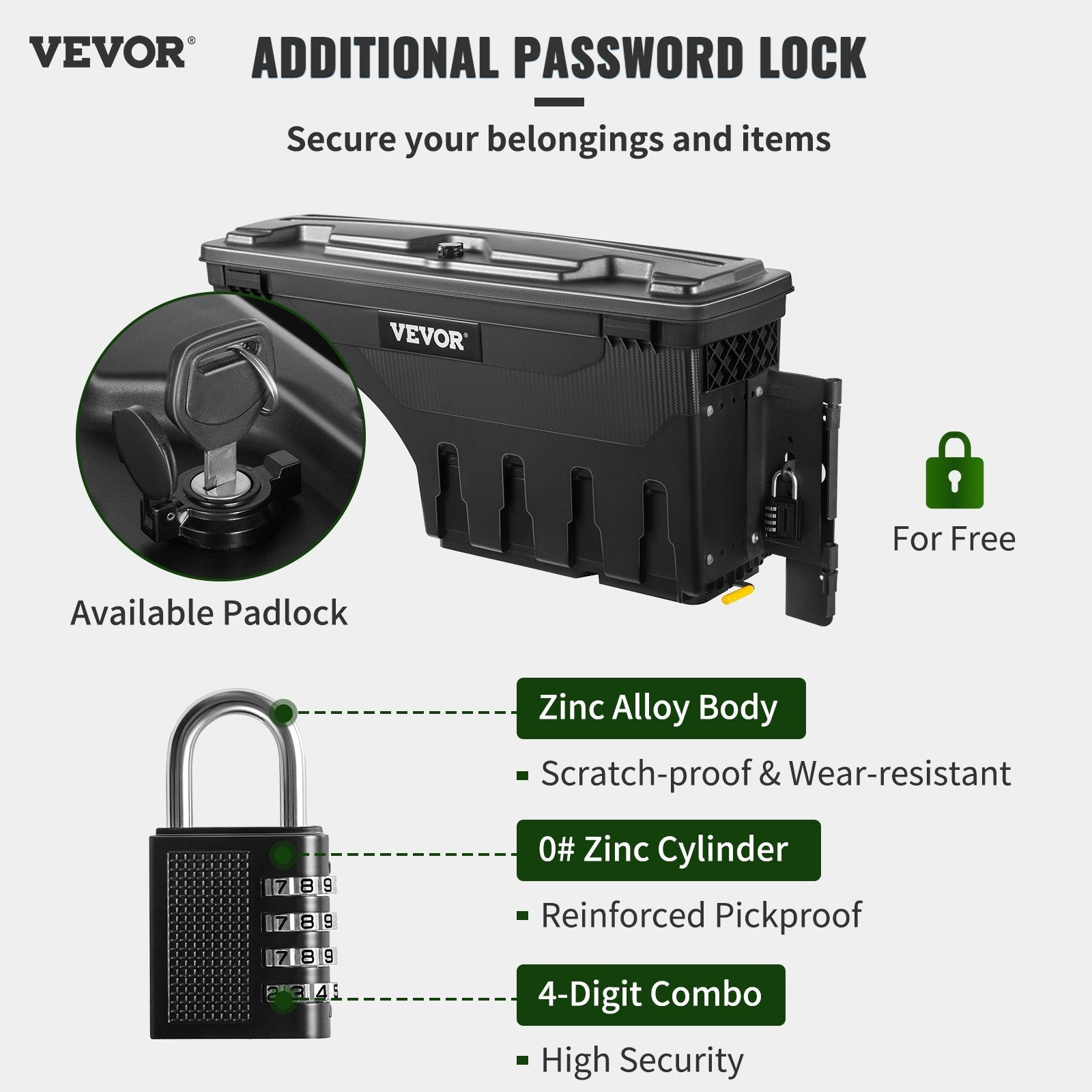 VEVOR Truck Bed Storage Box, Lockable Lid, Waterproof ABS Wheel Well Tool Box 6.6 Gal/20 L with Password Padlock, Compatible with Dodge Ram 1500 2019-2021, Passenger Side, Black 