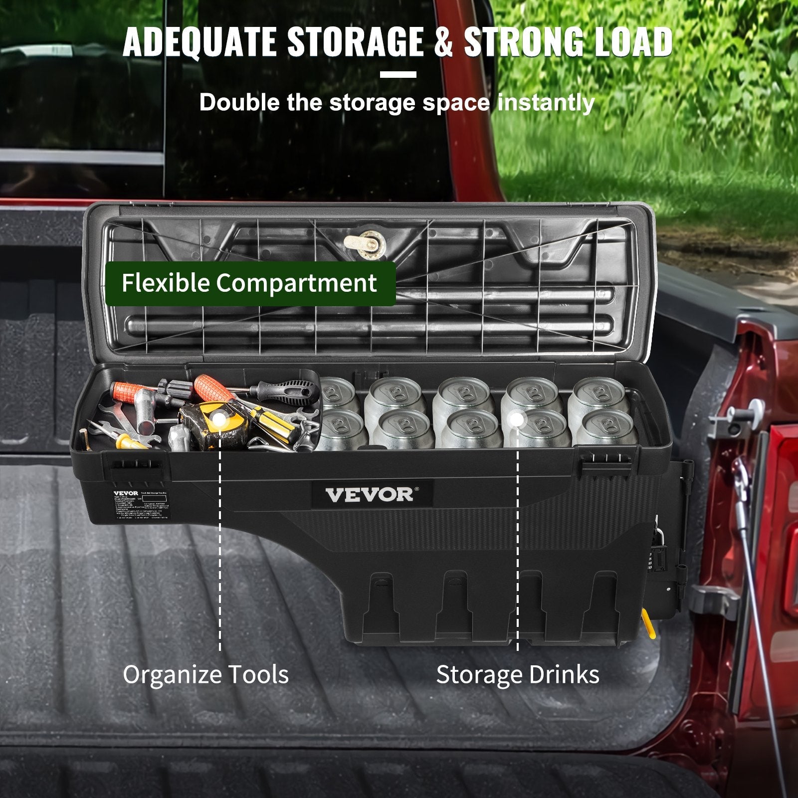 VEVOR Truck Bed Storage Box, Lockable Lid, Waterproof ABS Wheel Well Tool Box 6.6 Gal/20 L with Password Padlock, Compatible with Dodge Ram 1500 2019-2021, Passenger Side, Black 