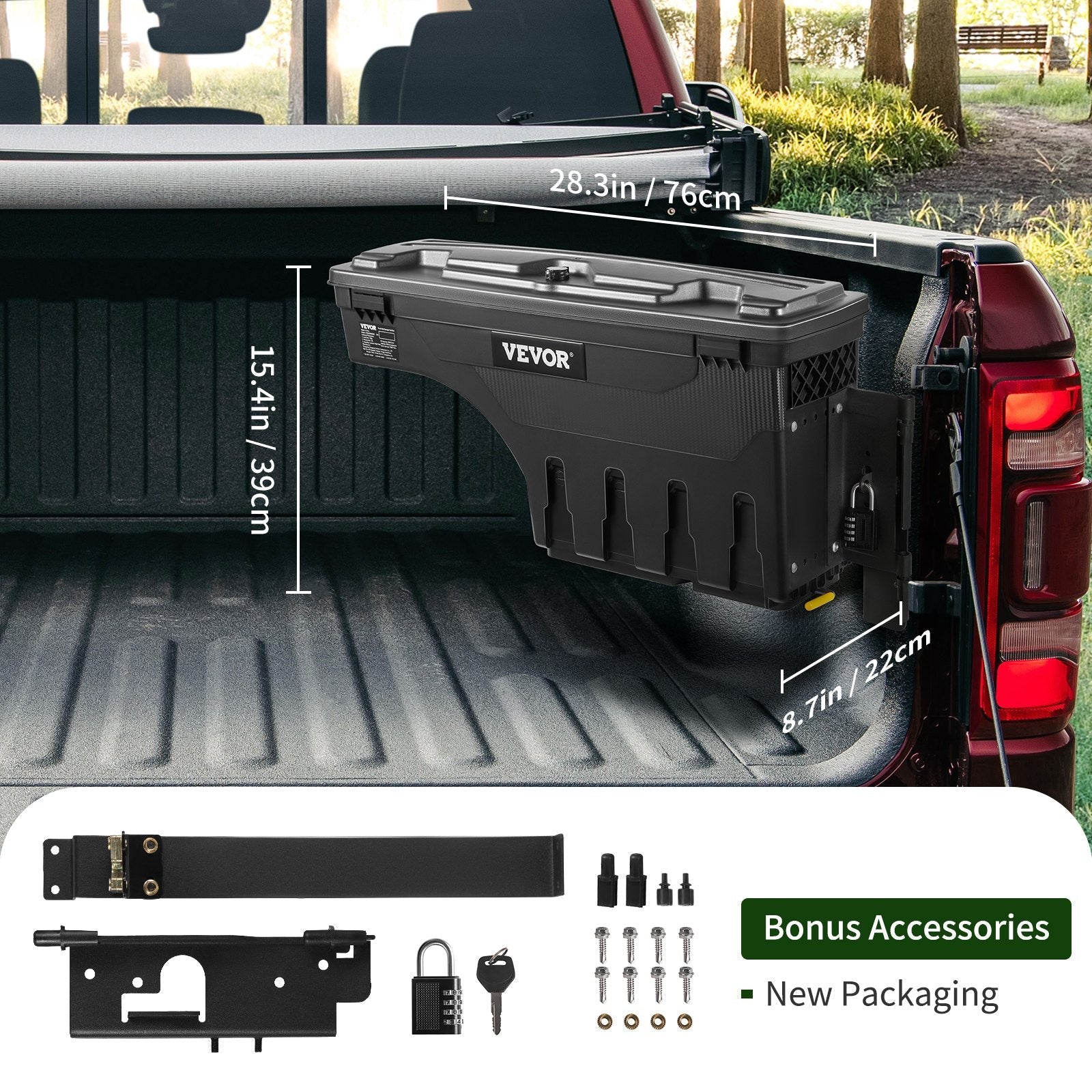 VEVOR Truck Bed Storage Box, Lockable Lid, Waterproof ABS Wheel Well Tool Box 6.6 Gal/20 L with Password Padlock, Compatible with Dodge Ram 1500 2019-2021, Passenger Side, Black 