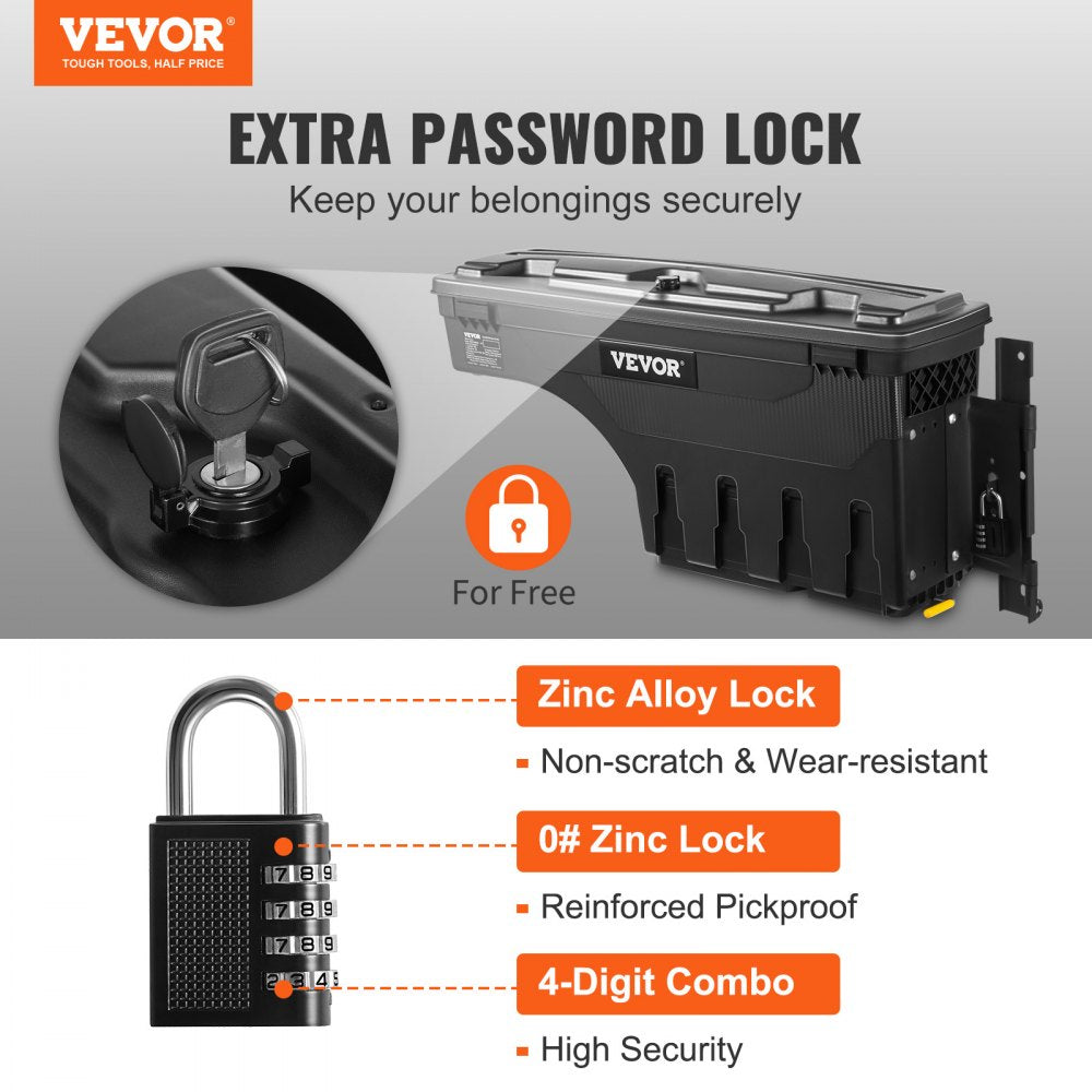 VEVOR Truck Bed Storage Box, Lockable Swing Case with Password Padlock, 6.6 Gal/25 L ABS Wheel Well Tool Box, Waterproof and Durable, Compatible with Ford F-150 2015-2021, Passenger Side 