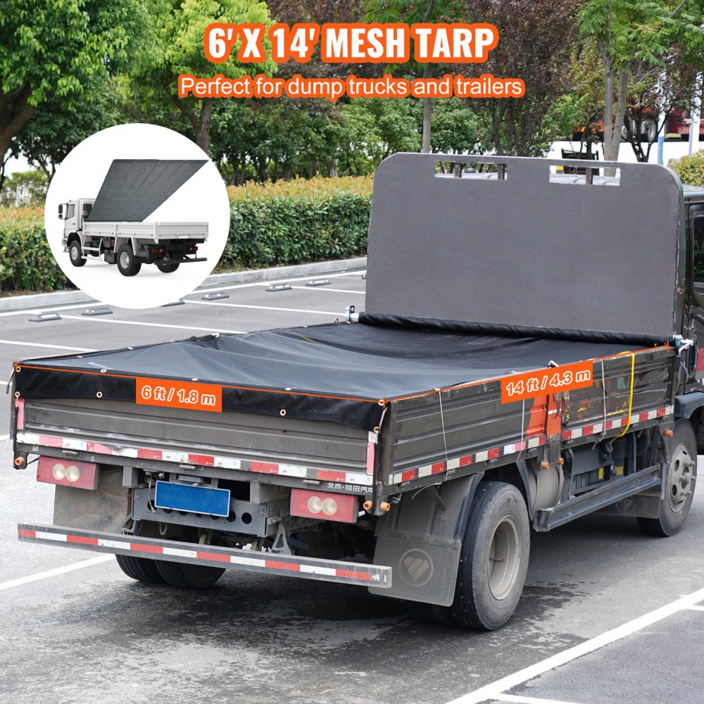 VEVOR Dump Truck Mesh Tarp, 6 x 14 ft, PVC Coated Black Heavy Duty Cover with 5.5" 18oz Double Pocket, Brass Grommets, Reinforced Double Needle Stitch Webbing Fits Manual or Electric Dump Truck System 
