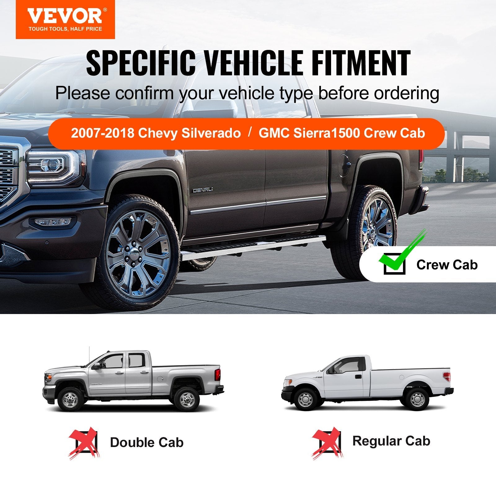 VEVOR Running Boards, 6" Step Bars Compatible with 2007-2018 Chevy Silverado/GMC Sierra 1500 Crew Cab/2019 2500HD 3500HD 1500 LD, 201 Stainless Steel Side Steps Nerf Bars, 500LBS Capacity, 2 Piece 