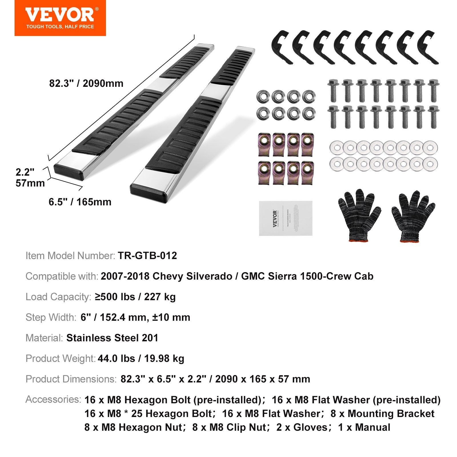 VEVOR Running Boards, 6" Step Bars Compatible with 2007-2018 Chevy Silverado/GMC Sierra 1500 Crew Cab/2019 2500HD 3500HD 1500 LD, 201 Stainless Steel Side Steps Nerf Bars, 500LBS Capacity, 2 Piece 