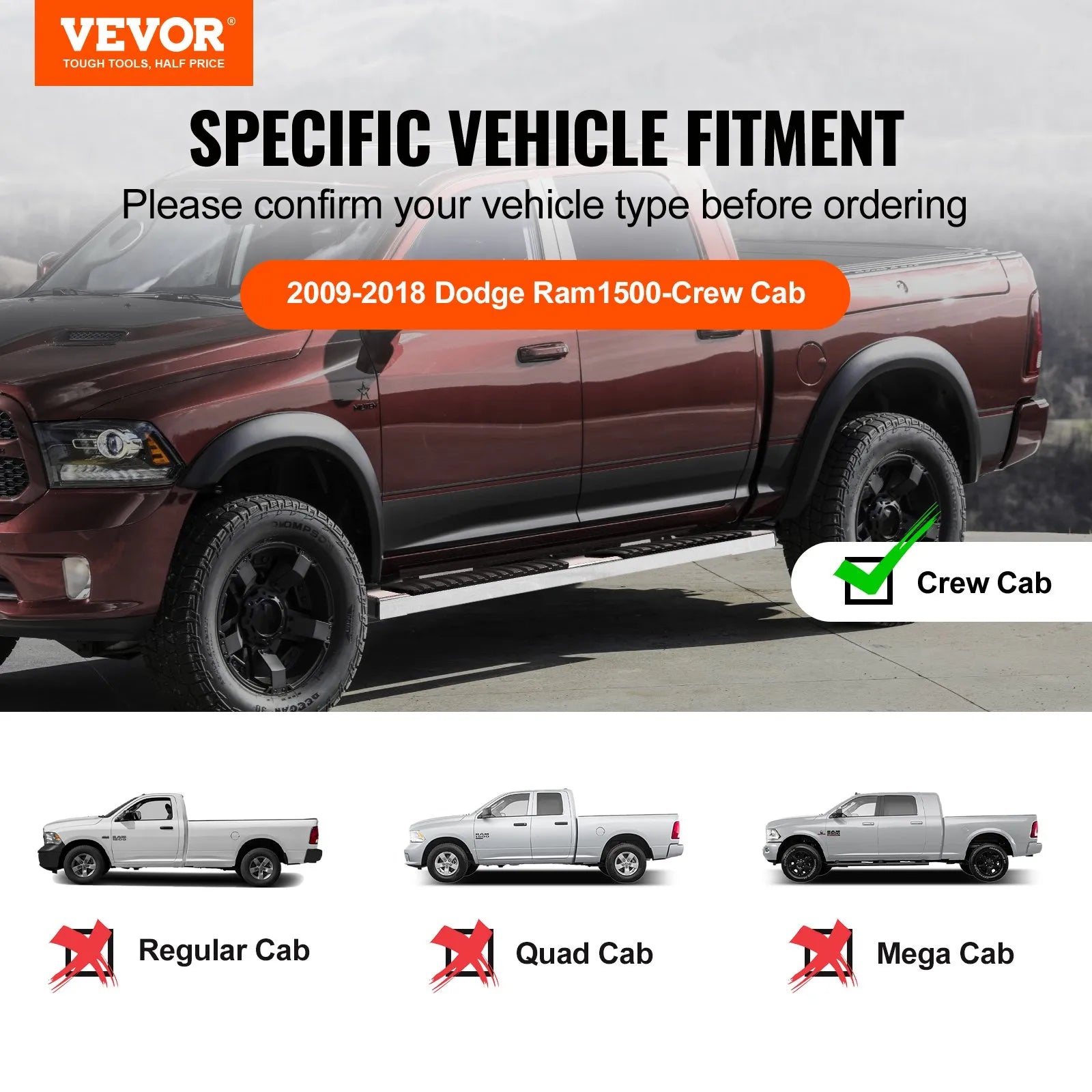 VEVOR Running Boards, 6" Step Bars Compatible with 2009-2018 Dodge Ram 1500/2010-2023 Ram 2500/3500 (Includes 2019-2023 Classic) Crew Cab, 201 Stainless Steel Side Steps Nerf Bars, 500LBS, 2 PCS