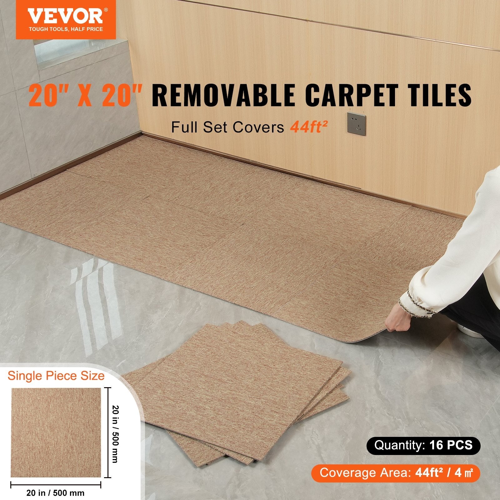 VEVOR Carpet Tiles Reusable, 20"x 20" Carpet Squares With Padding Attached, Soft Padded Carpet Tiles, Easy Install DIY for Bedroom Living Room Indoor Outdoor (16 Tiles, Dark Brown) 