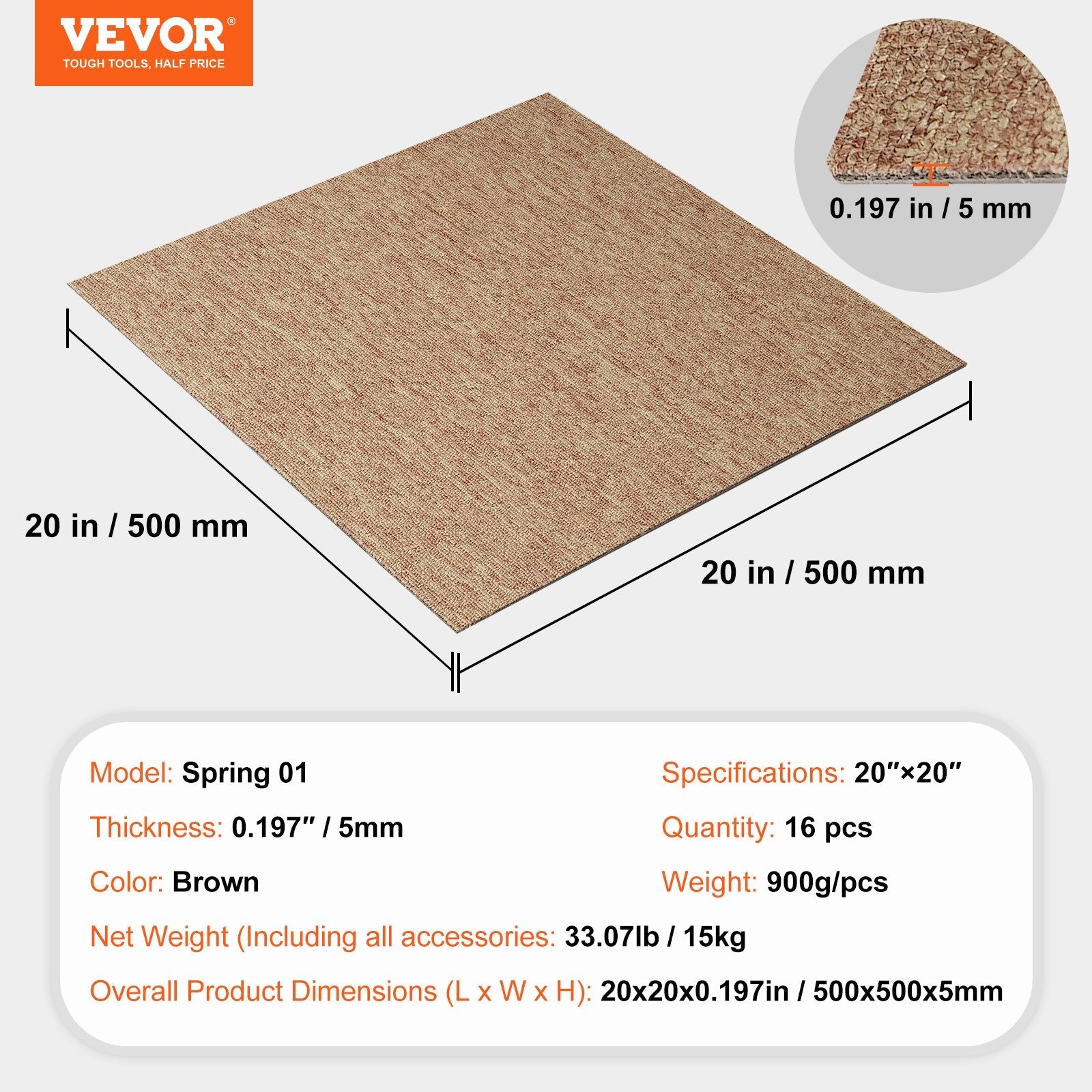VEVOR Carpet Tiles Reusable, 20"x 20" Carpet Squares With Padding Attached, Soft Padded Carpet Tiles, Easy Install DIY for Bedroom Living Room Indoor Outdoor (16 Tiles, Dark Brown) 