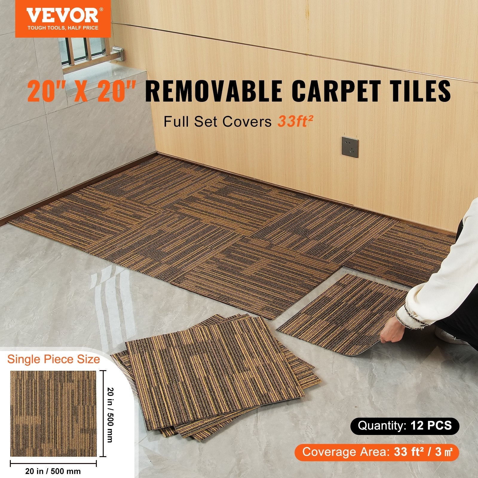 VEVOR Carpet Tiles Reusable, 20"x 20"Carpet Squares With Padding Attached, Soft Padded Carpet Tiles, Easy Install DIY for Bedroom Living Room (12Tiles, Mixed Brown) 