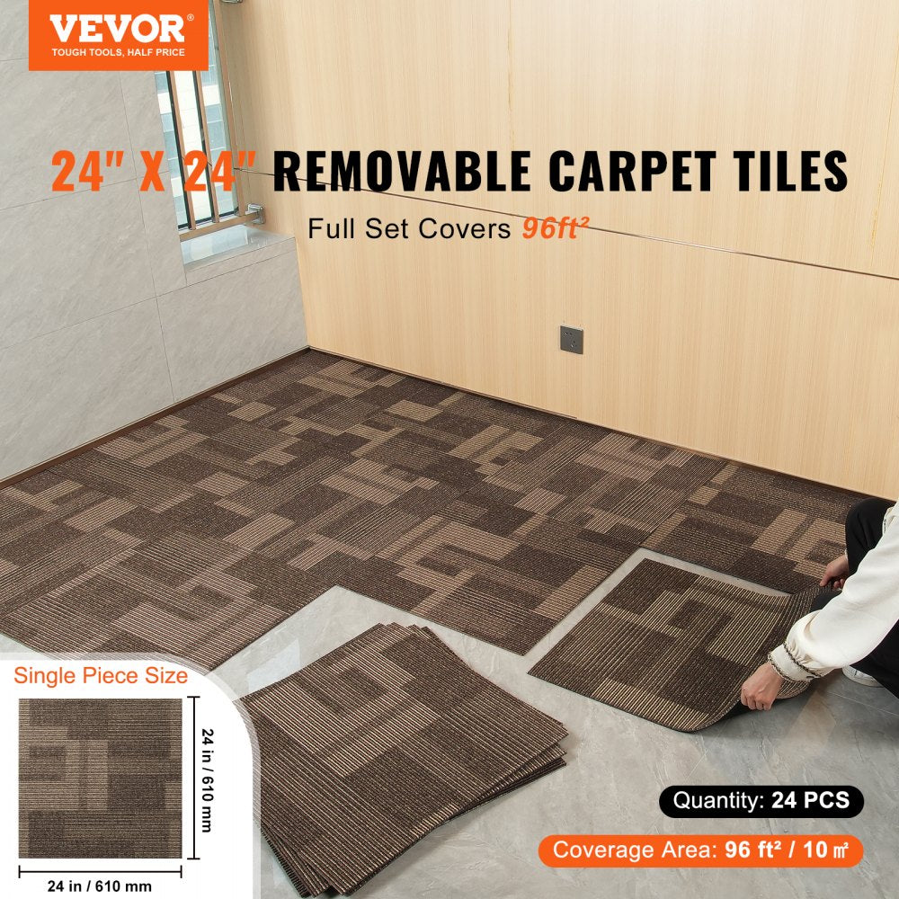 VEVOR Carpet Tiles Reusable, 24"x 24"Carpet Squares With Padding Attached, Soft Padded Carpet Tiles, Easy Install DIY for Bedroom Living Room (24Tiles, Mixed Brown) 