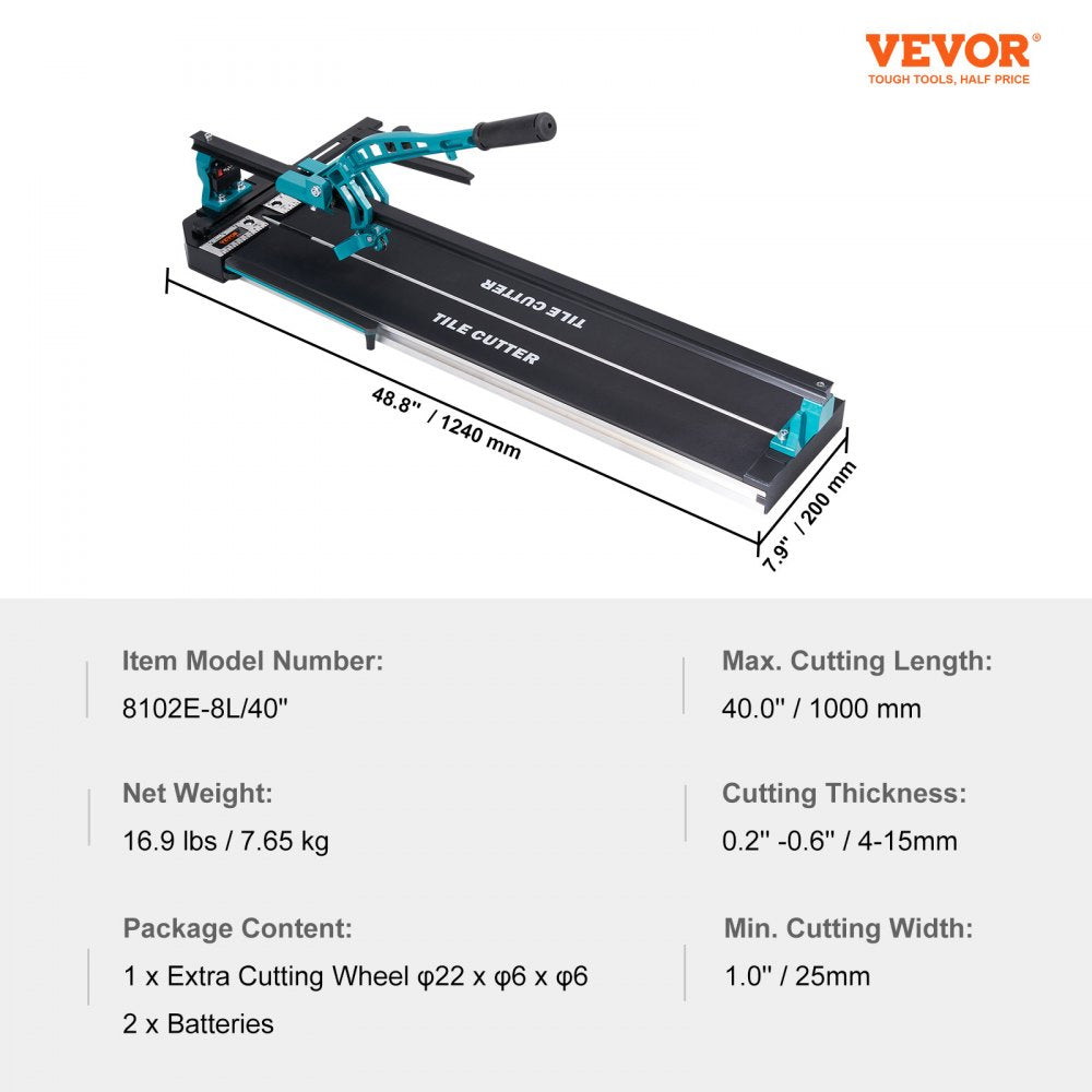 VEVOR Manual Tile Cutter, 40 inch, Porcelain Ceramic Tile Cutter with Tungsten Carbide Cutting Wheel, Infrared Positioning, Anti-Skid Feet, Durable Rails for professional installers or beginners 