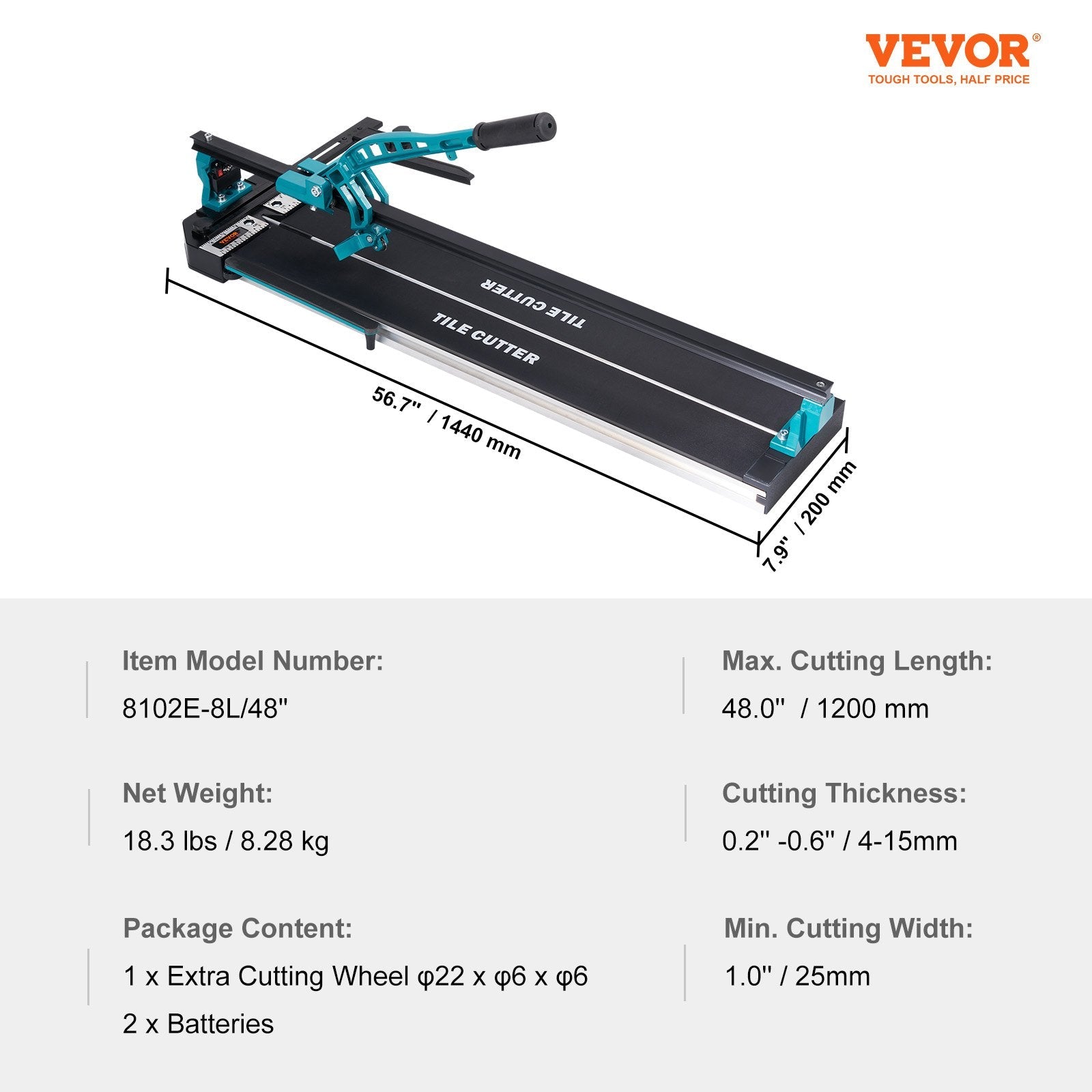 VEVOR Manual Tile Cutter, 48 inch, Porcelain Ceramic Tile Cutter with Tungsten Carbide Cutting Wheel, Infrared Positioning, Anti-Skid Feet, Durable Rails for professional installers or beginners 
