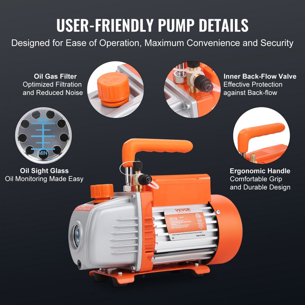 VEVOR 1/5 HP Single Stage Vacuum Pump, 3.5 CFM, 120V AC Air Conditioning Conditioner Vacuum Pump, 1/4" SAE Male 1/2" ACME Male Inlet, for HVAC Repair, Refrigeration Maintenance, Resin Degassing 